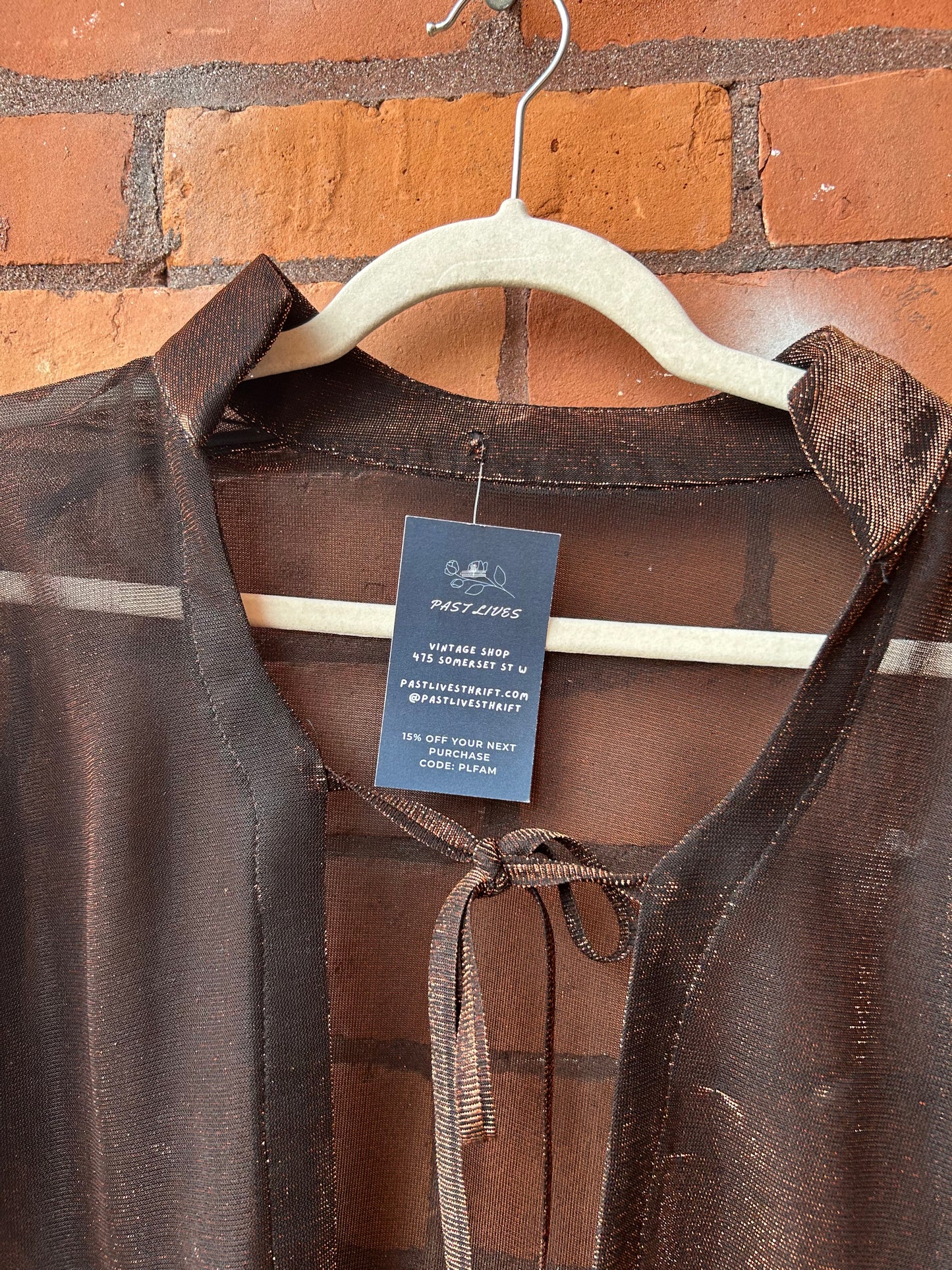 90’s Vintage Sheer Bronze & Black Mesh Tie Blouse / Size L