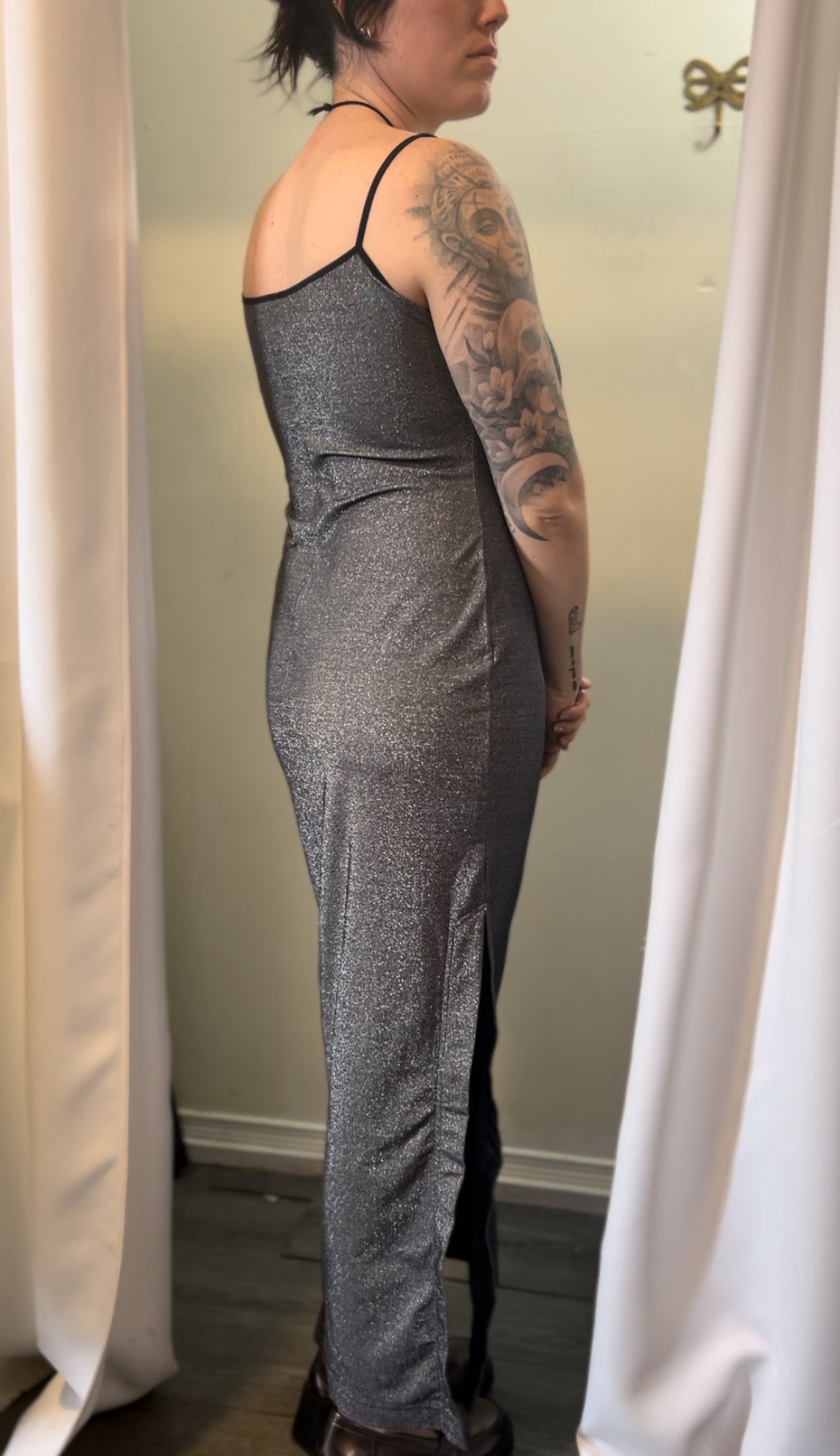 90’s Vintage Silver Metallic Maxi Dress / Size 10-12