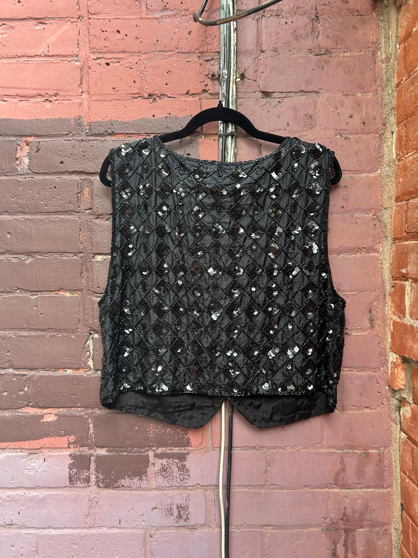 90's Vintage Black Beaded Silk Vest / Size L