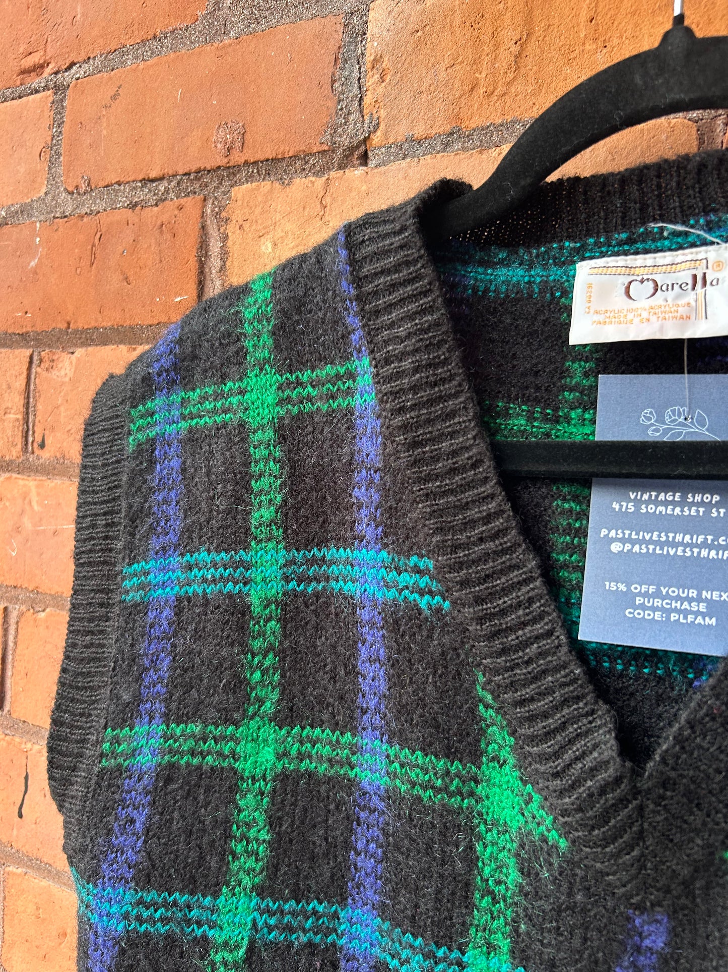 80’s Vintage Green & Black Plaid Sweater Vest / Size M