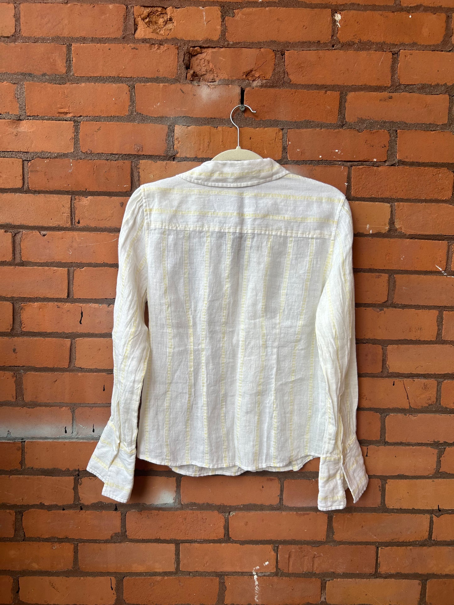 Y2K Vintage White & Yellow Striped Linen Button Down Shirt / Size M