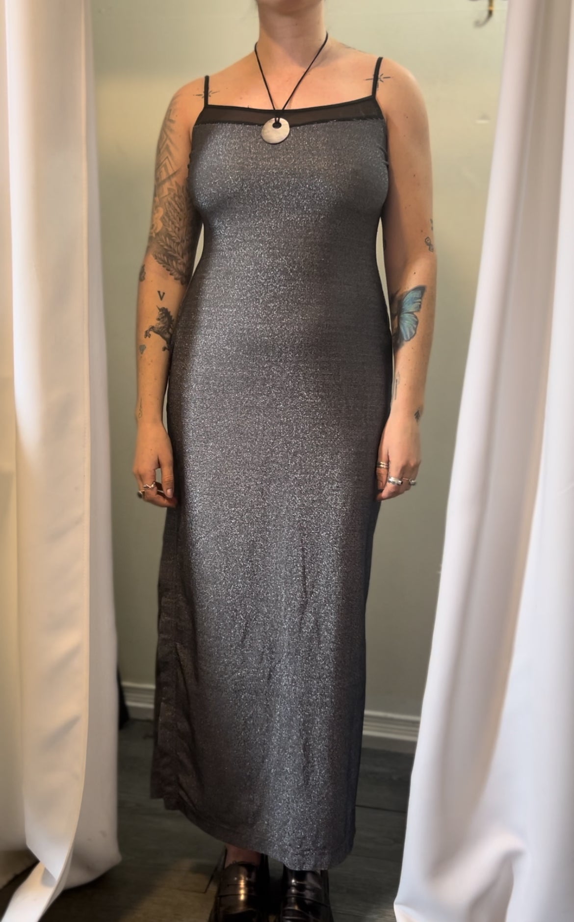90’s Vintage Silver Metallic Maxi Dress / Size 10-12
