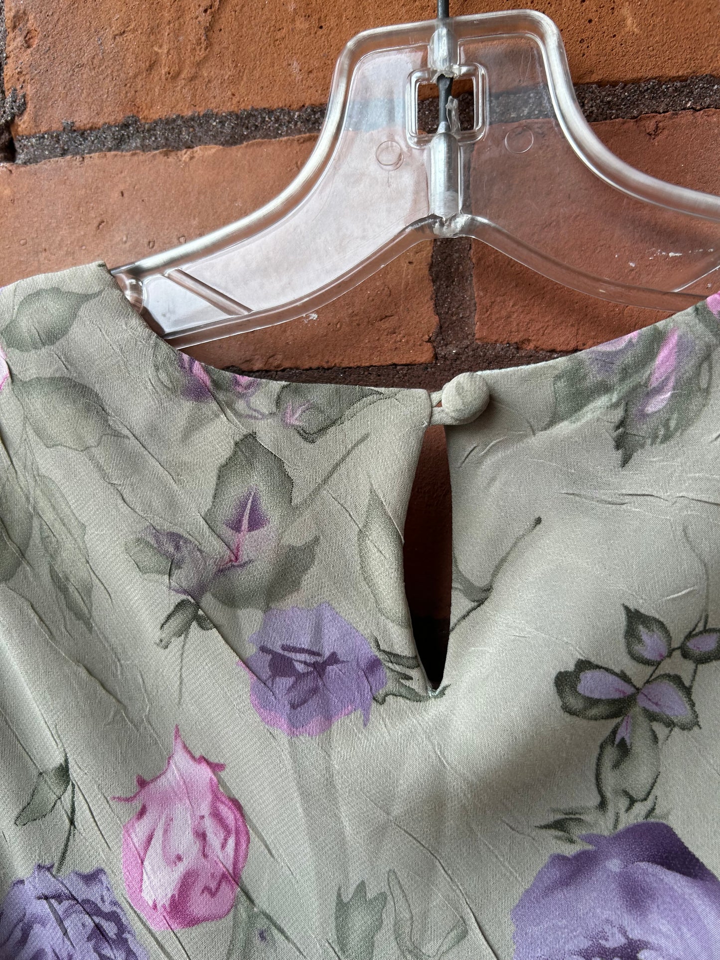 90’s Vintage Green Rose Print High Neck Mini Dress / Size 6-8
