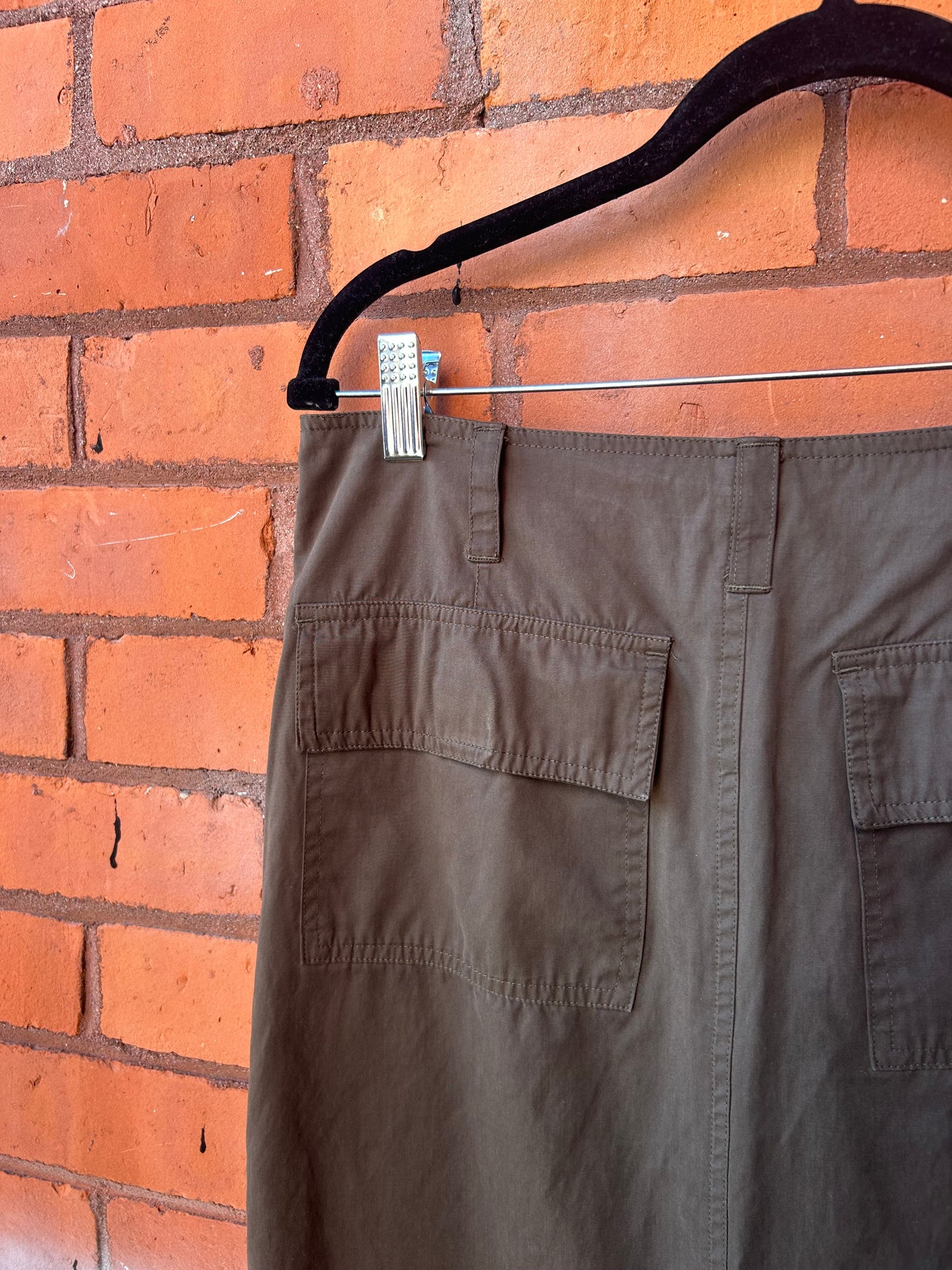 90’s Vintage Olive Nylon Low Rise Cargo Maxi Skirt / 30 Waist