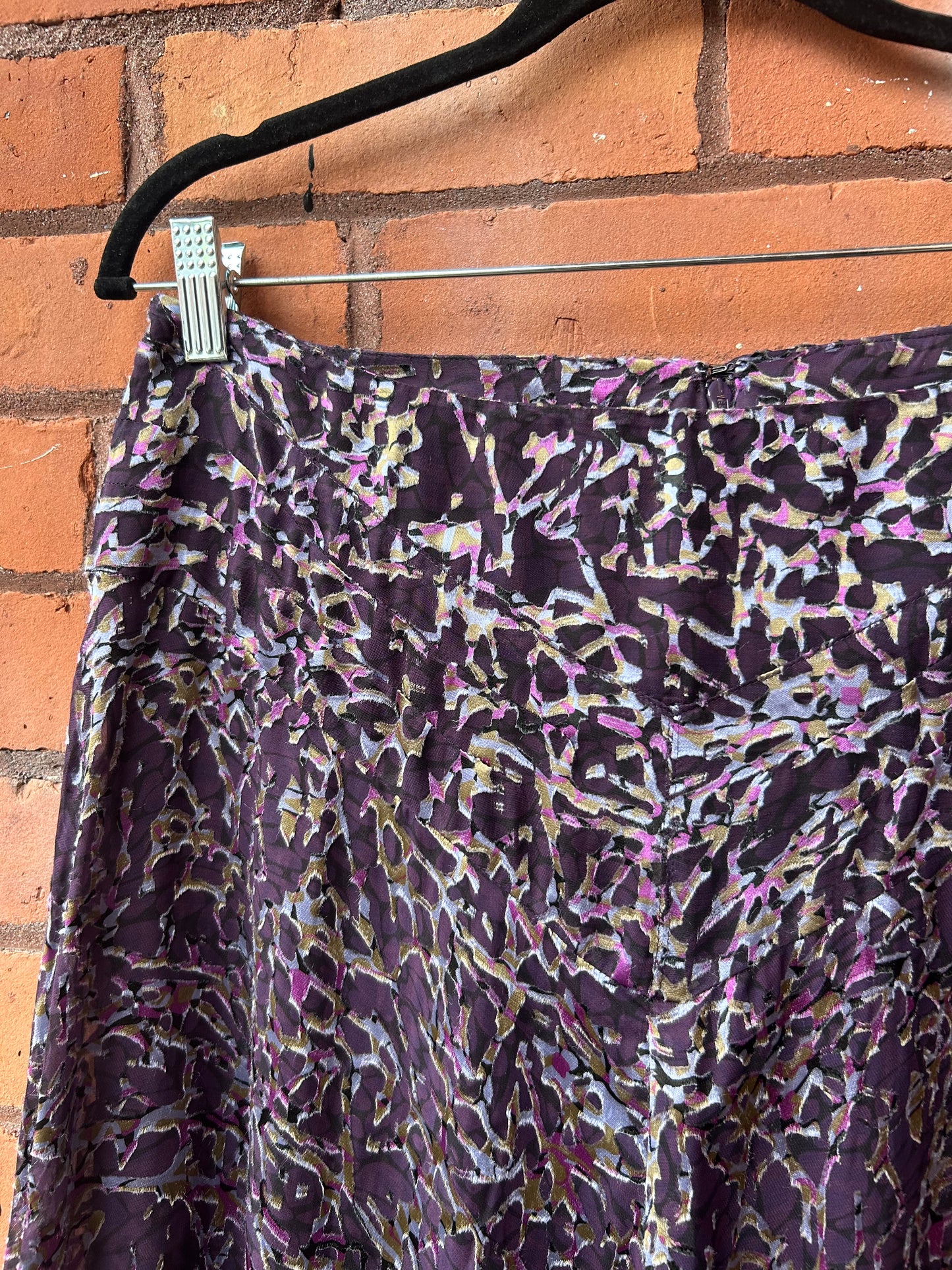 90’s Vintage Purple Velvet Burnout Silk Midi Skirt / 32 Waist