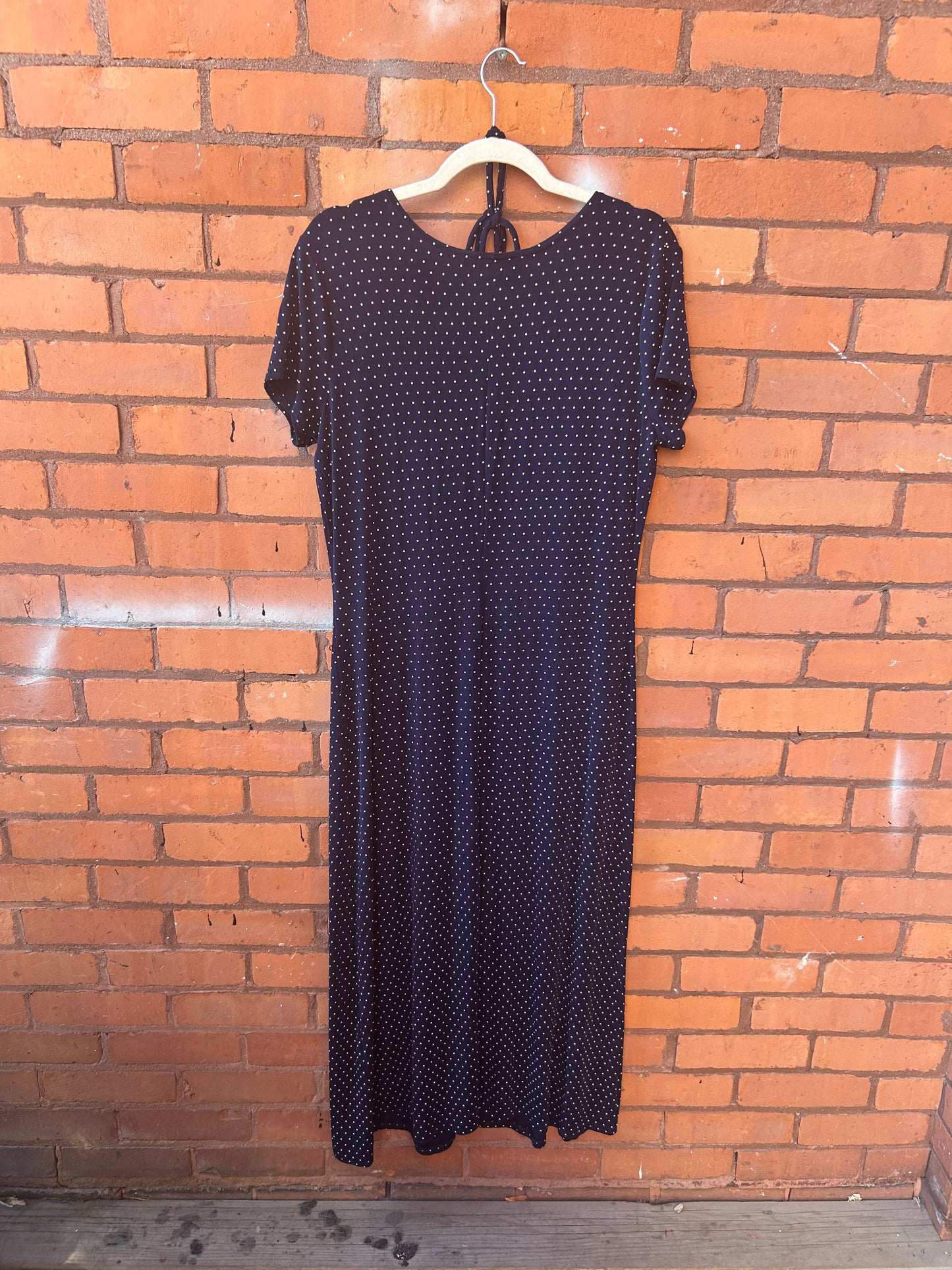 90’s Vintage Navy & White Polka Dot Slinky Maxi Dress / Size XXL