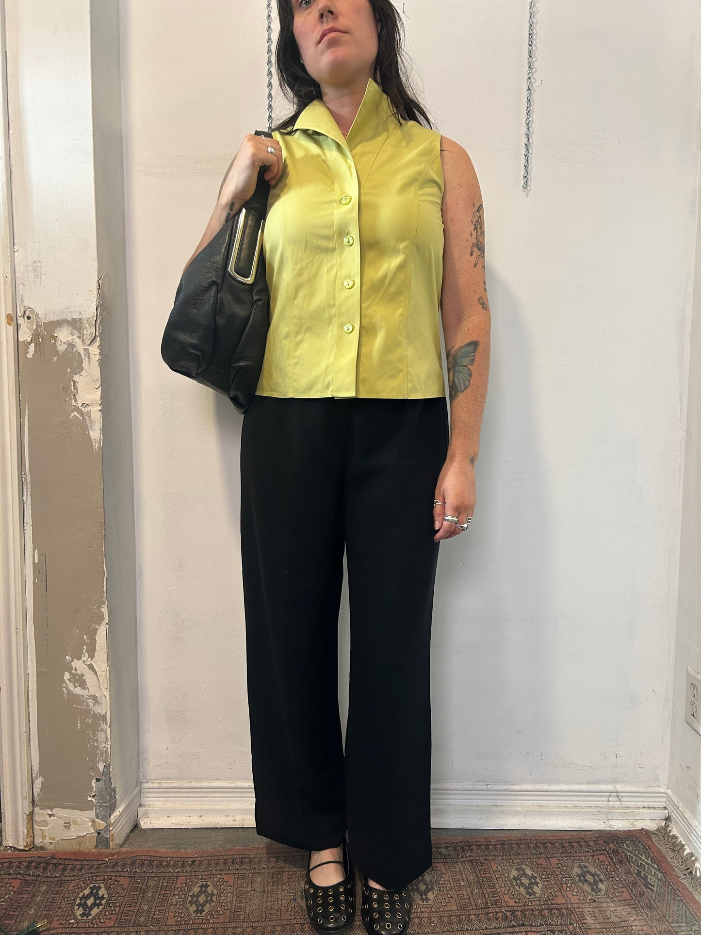 Y2K Vintage Chartreuse Sleeveless Button Down Blouse / Size L