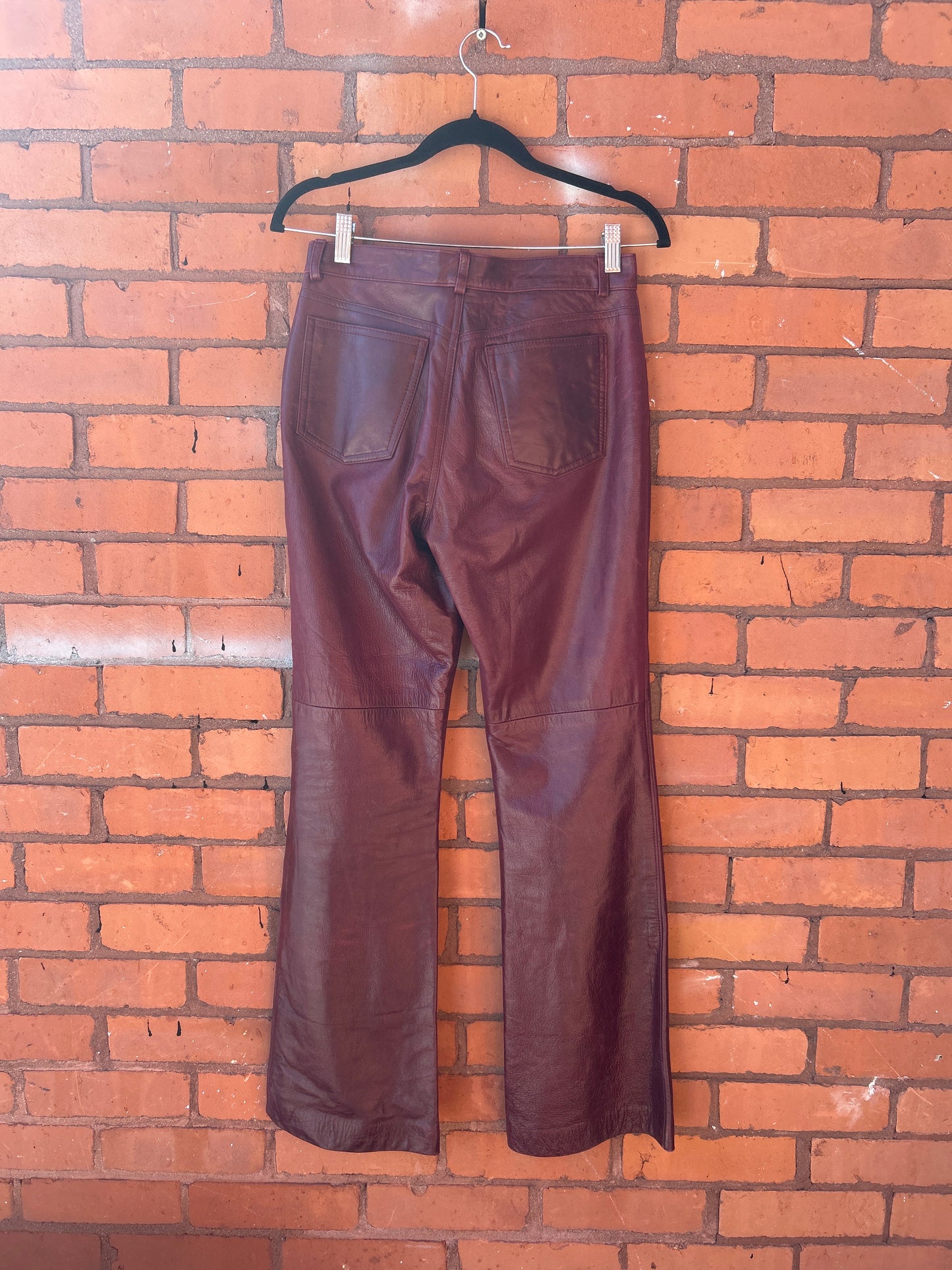 90’s Vintage Burgundy Leather Flare Pants / 28 Waist
