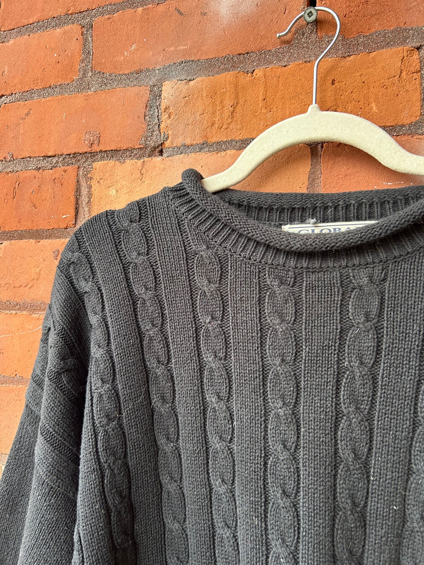 90’s Vintage Black Cotton Cable Knit Rollneck Sweater / Size XL