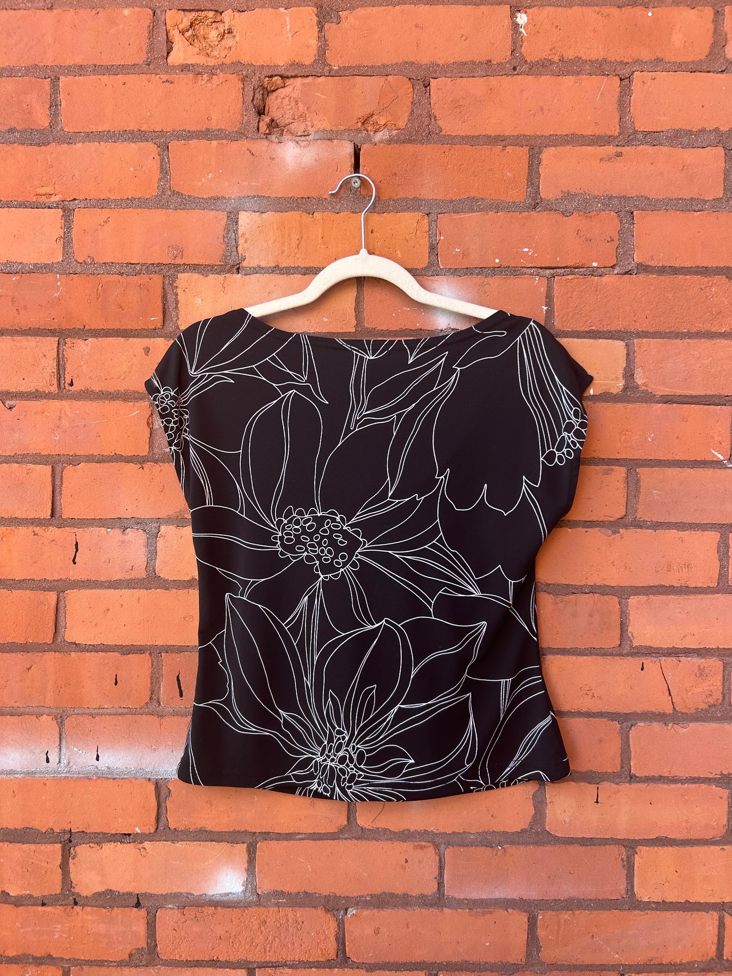 90’s Vintage Black & White Floral Cowlneck Top / Size L