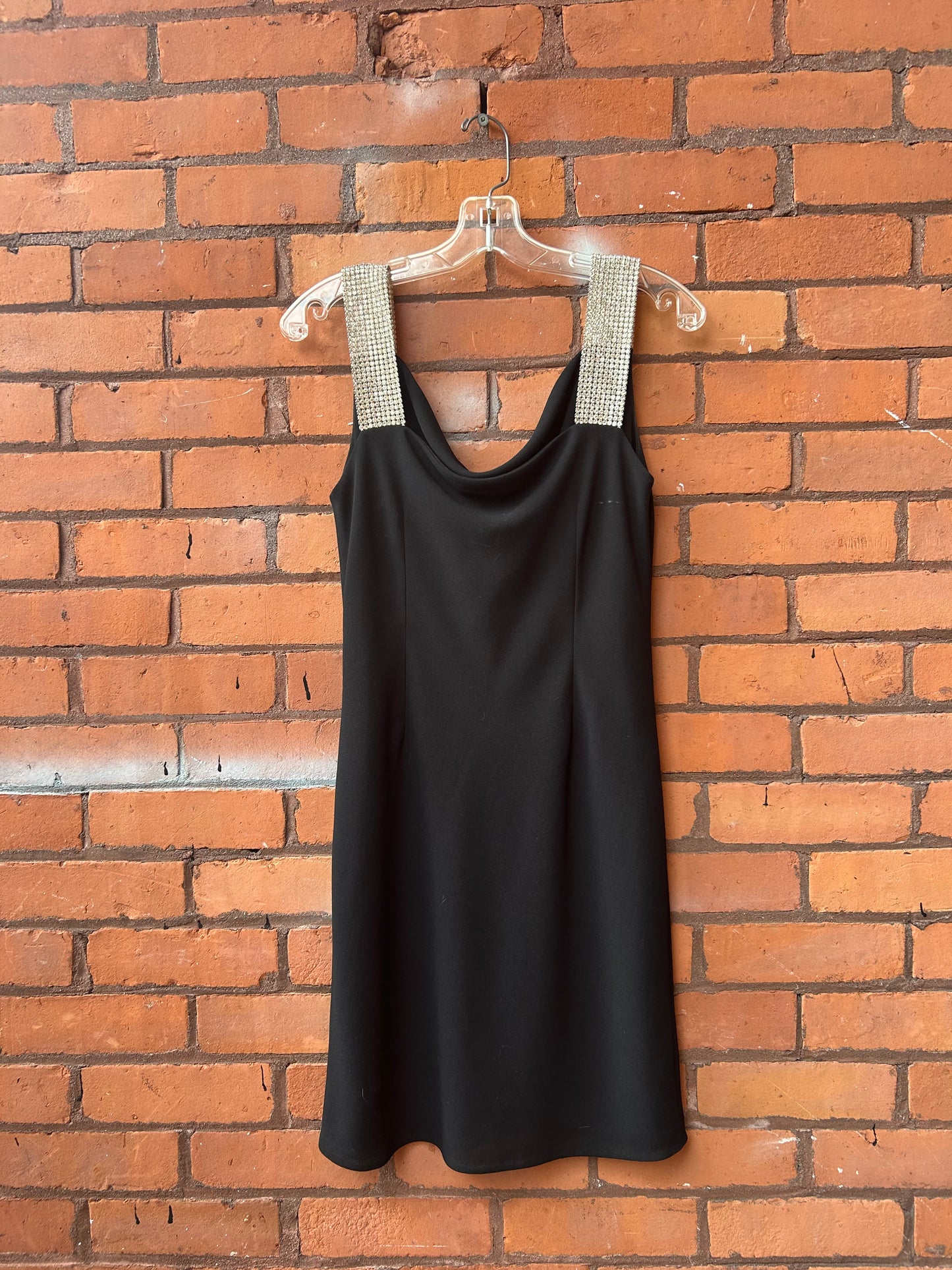 90’s Vintage Holt Renfrew Black Rhinestone Strap Mini Dress / Size 10-12