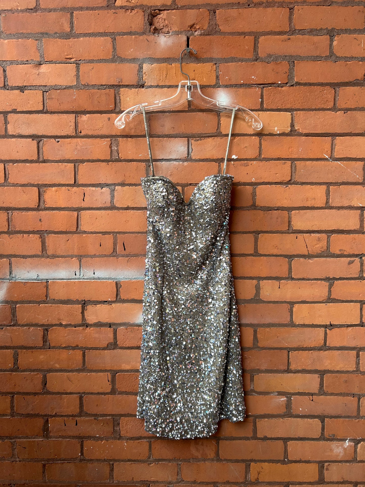 90’s Vintage Champagne Silk Sequin Sweetheart Mini Dress / Size 8-10