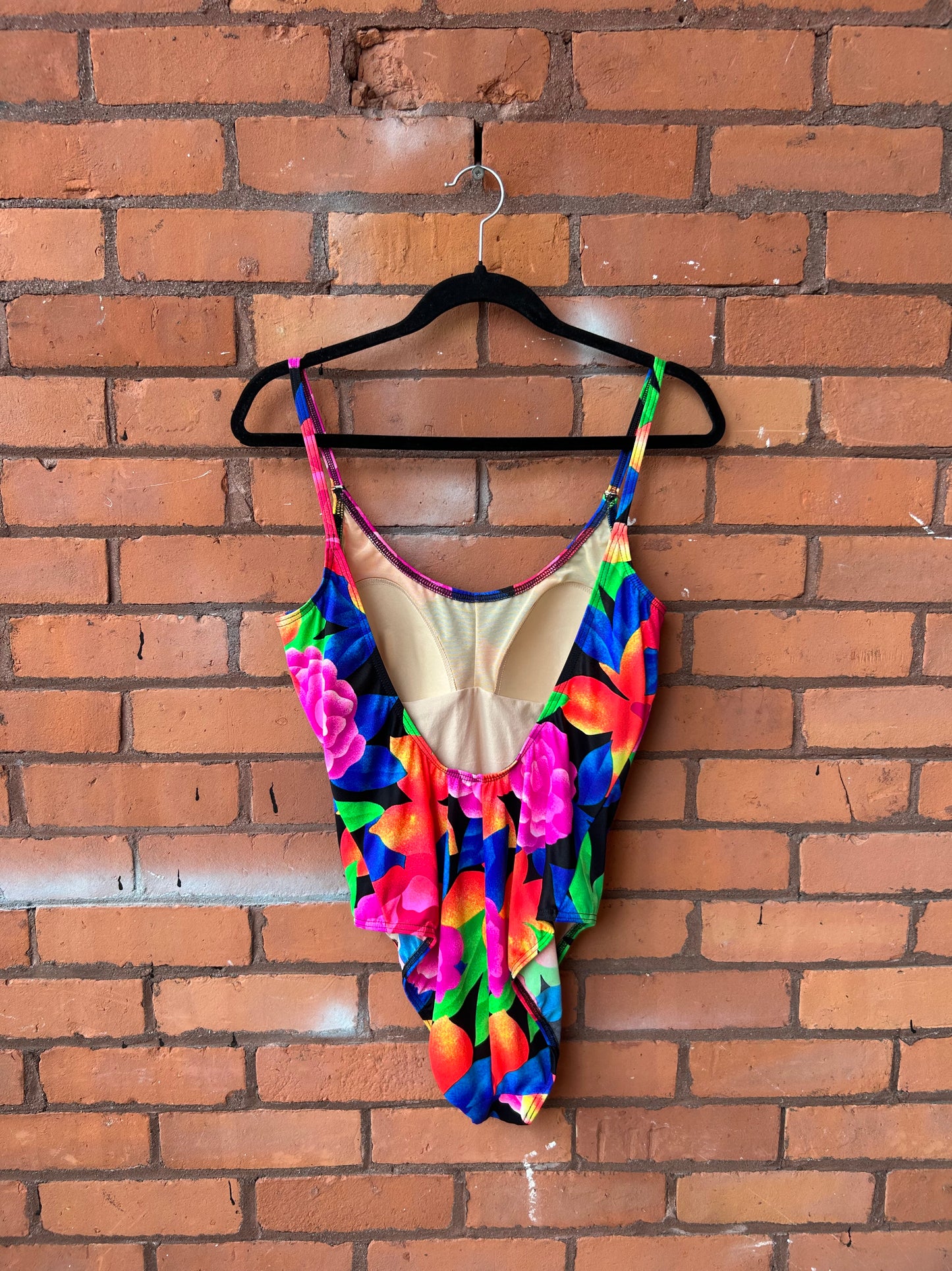 90’s Vintage Bright Floral Low Back Swim Suit / Size L