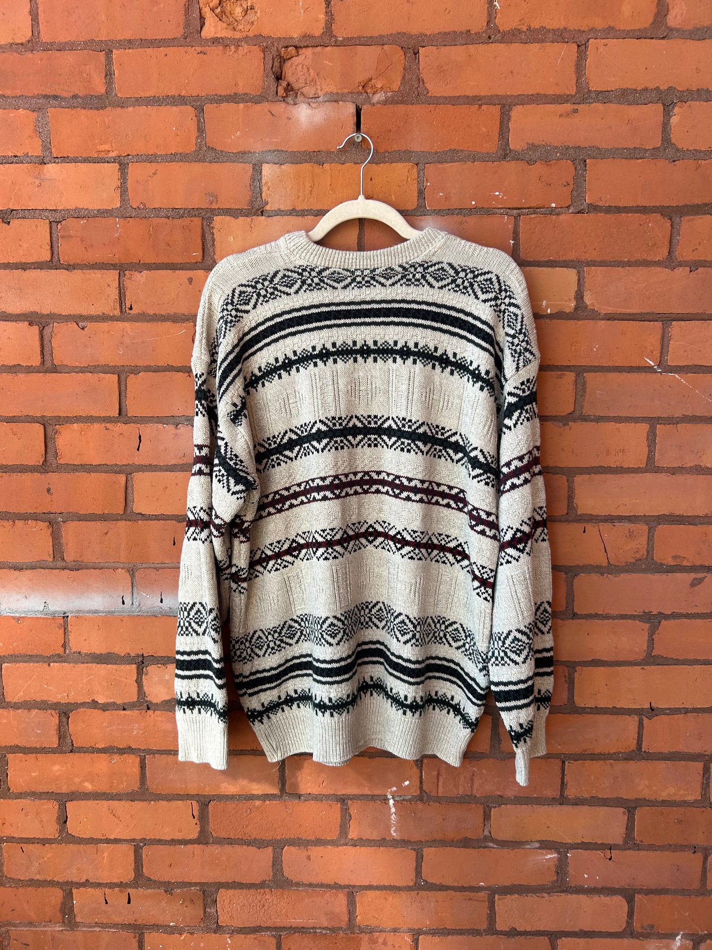 90’s Vintage Burgundy & Green Striped Cotton Knit Sweater / Size XL