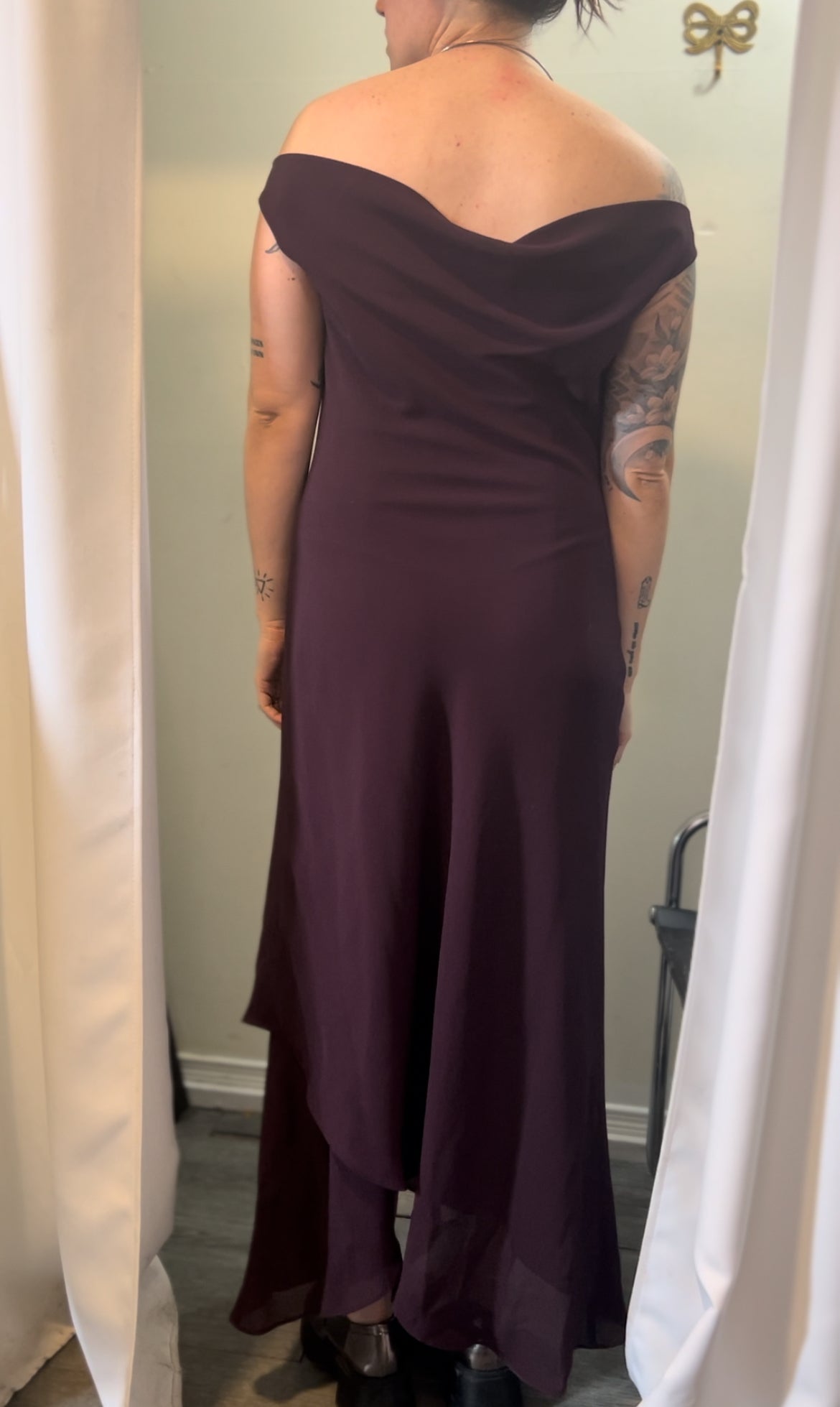 90’s Vintage Eggplant Purple Cowl Neck Off the Shoulder Dress / Size 12-14