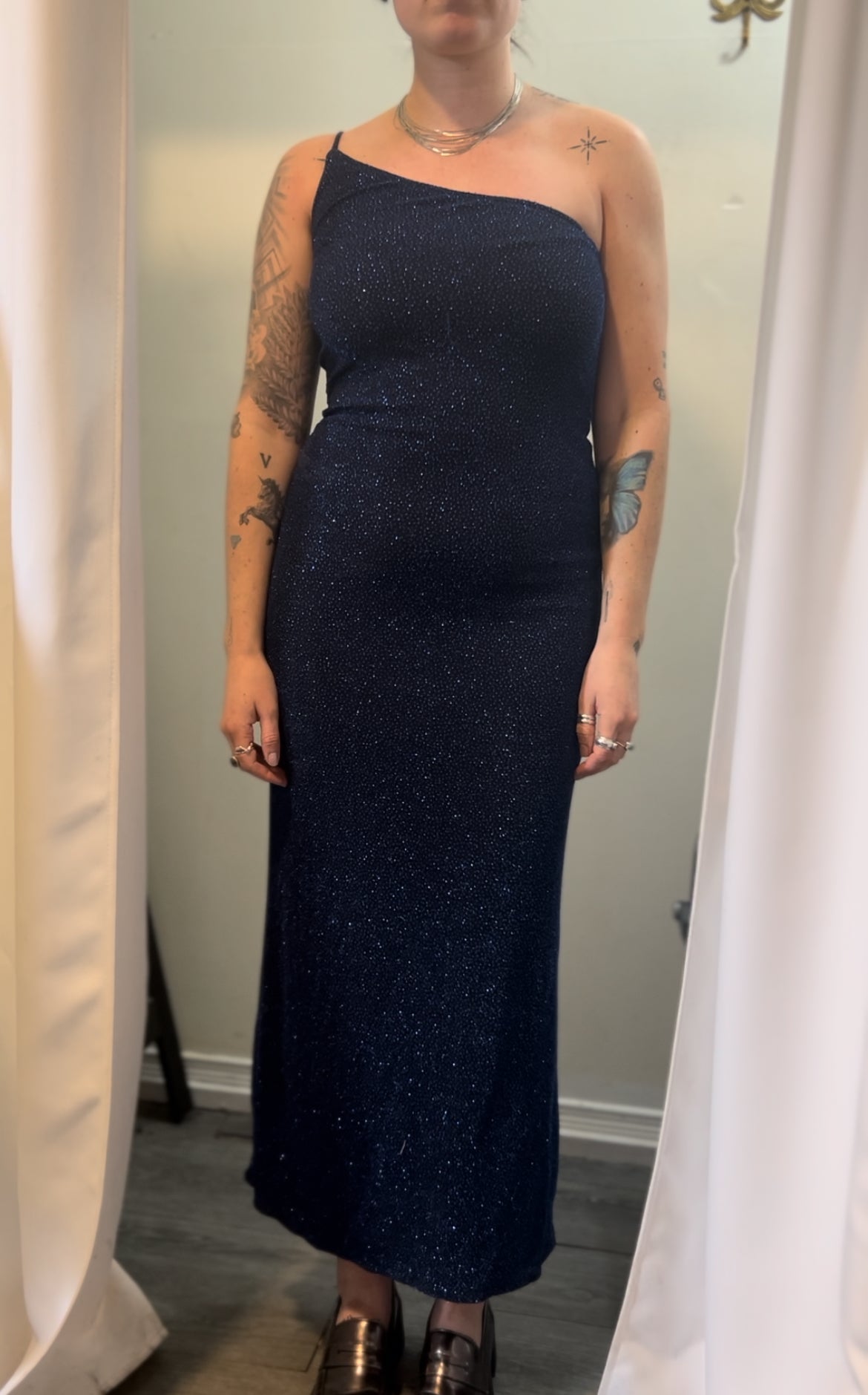 90’s Vintage Sparkly Midnight Blue One Shoulder Tie Back Dress / Size 6-8