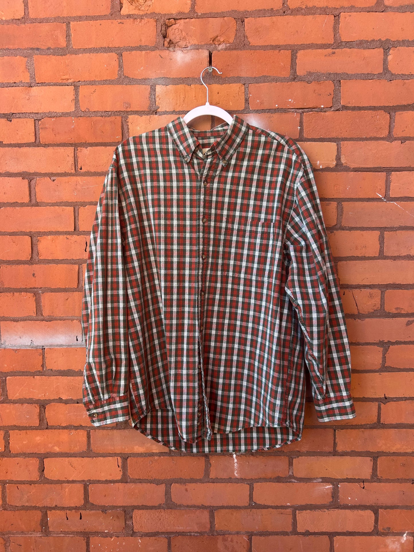 90’s Vintage Orange & Green Plaid Cotton Button Down Shirt / Size M-L