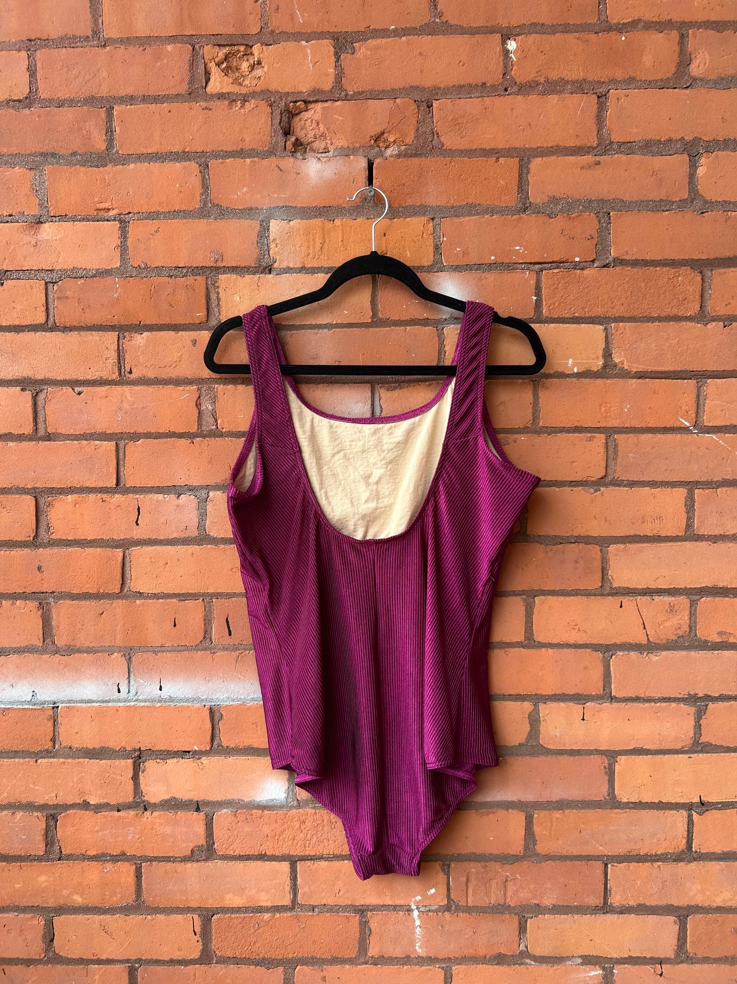90’s Vintage Magenta Ribbed Low Back Swim Suit / Size XXL
