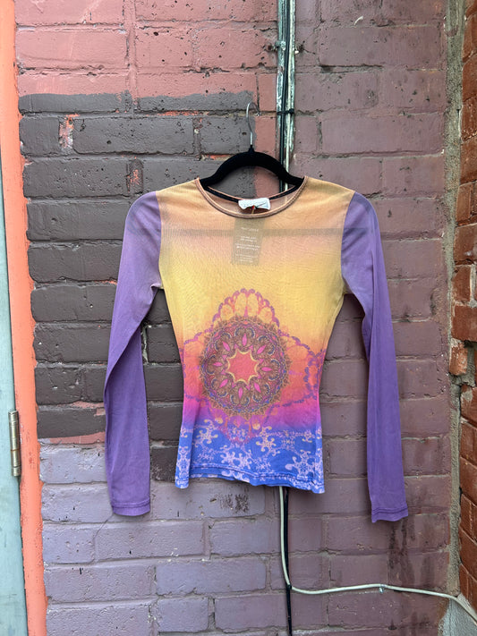 90's Vintage Purple & Orange Mandala Mesh Longsleeve Top / Size XS