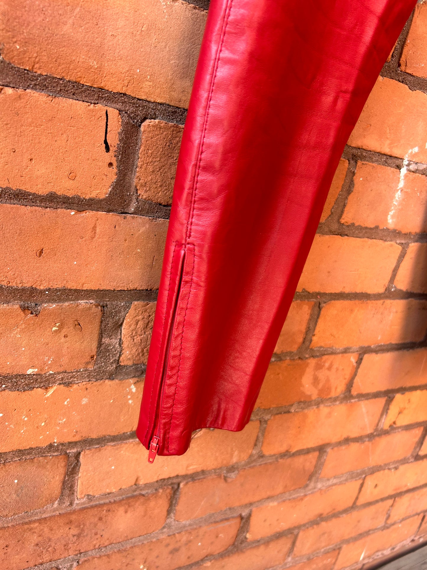 80’s Vintage Red Leather Pants / 24 Waist