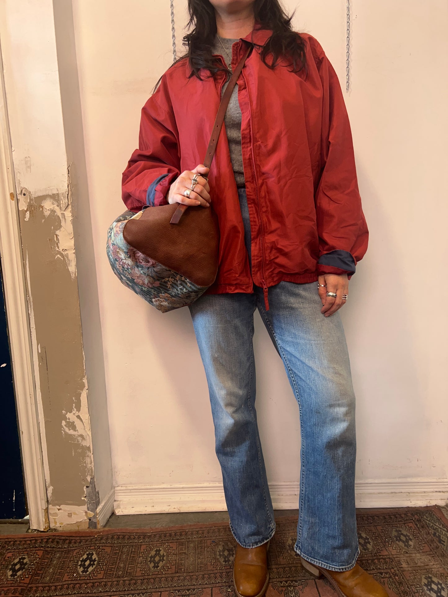 90’s Vintage Floral Tapestry & Brown Leather Duffle Bag