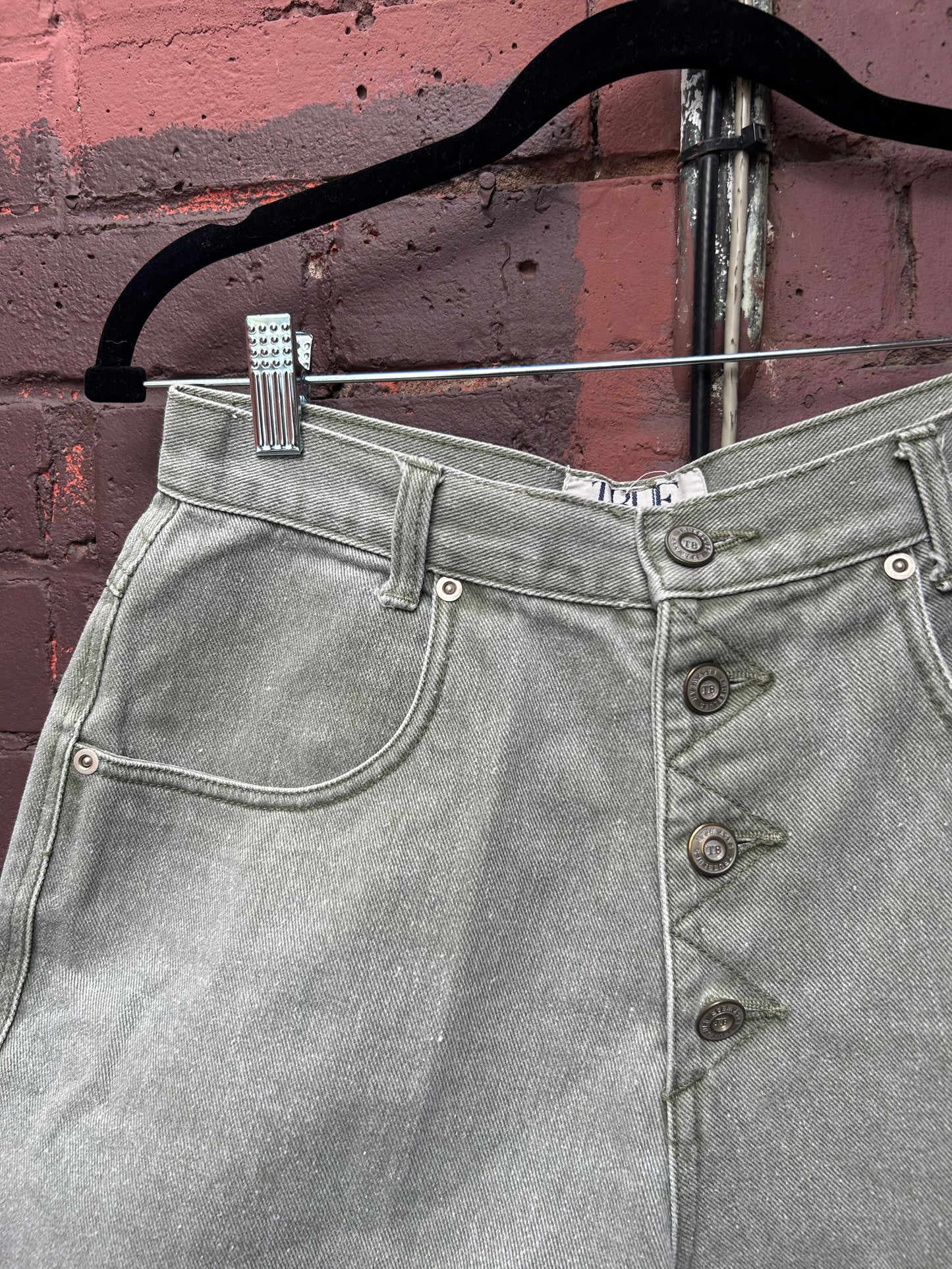 90's Vintage Green Denim Button Fly Shorts / 28 Waist