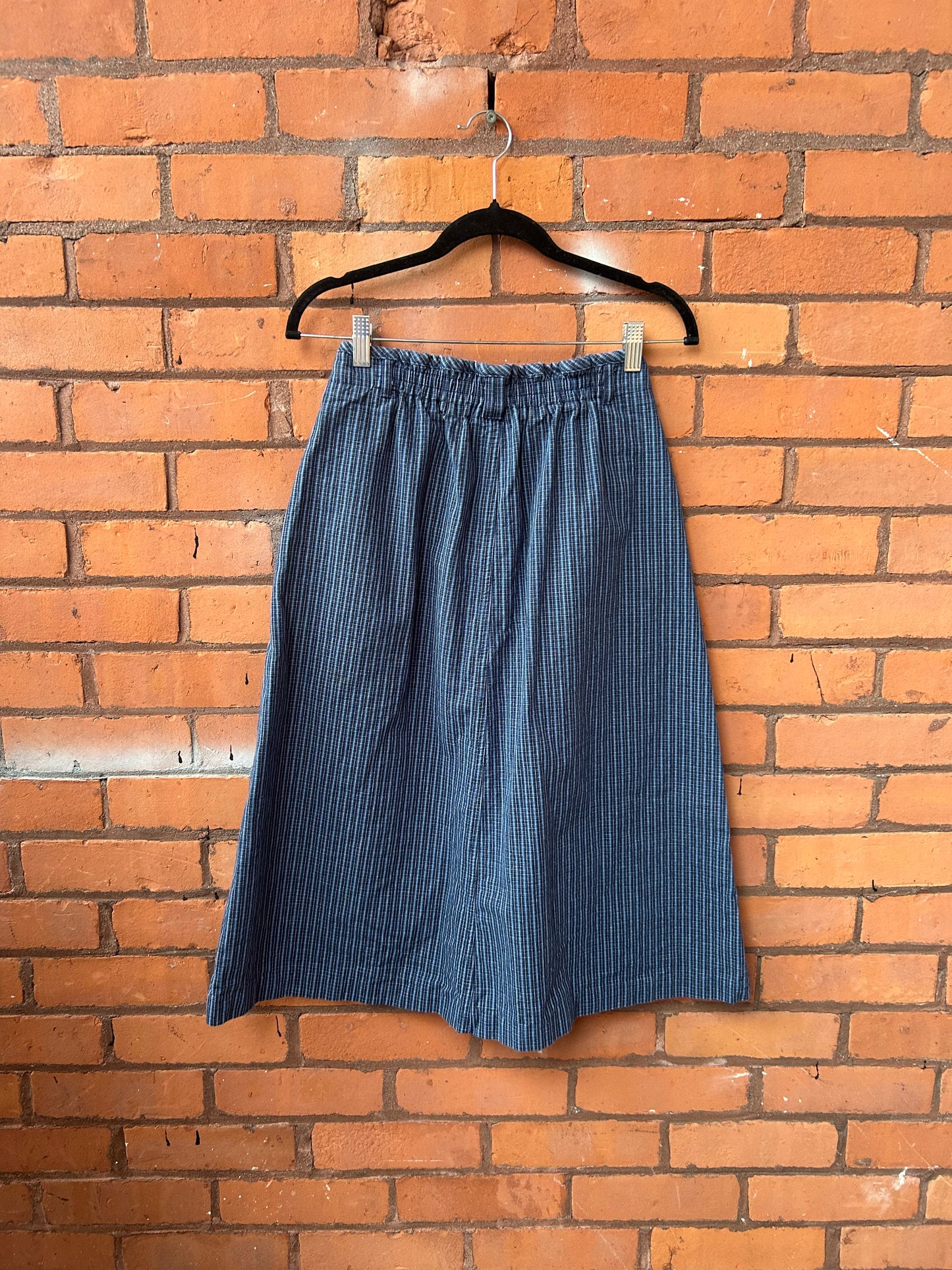 90’s Vintage Blue Plaid Button Down Midi Skirt / 24-28 Waist
