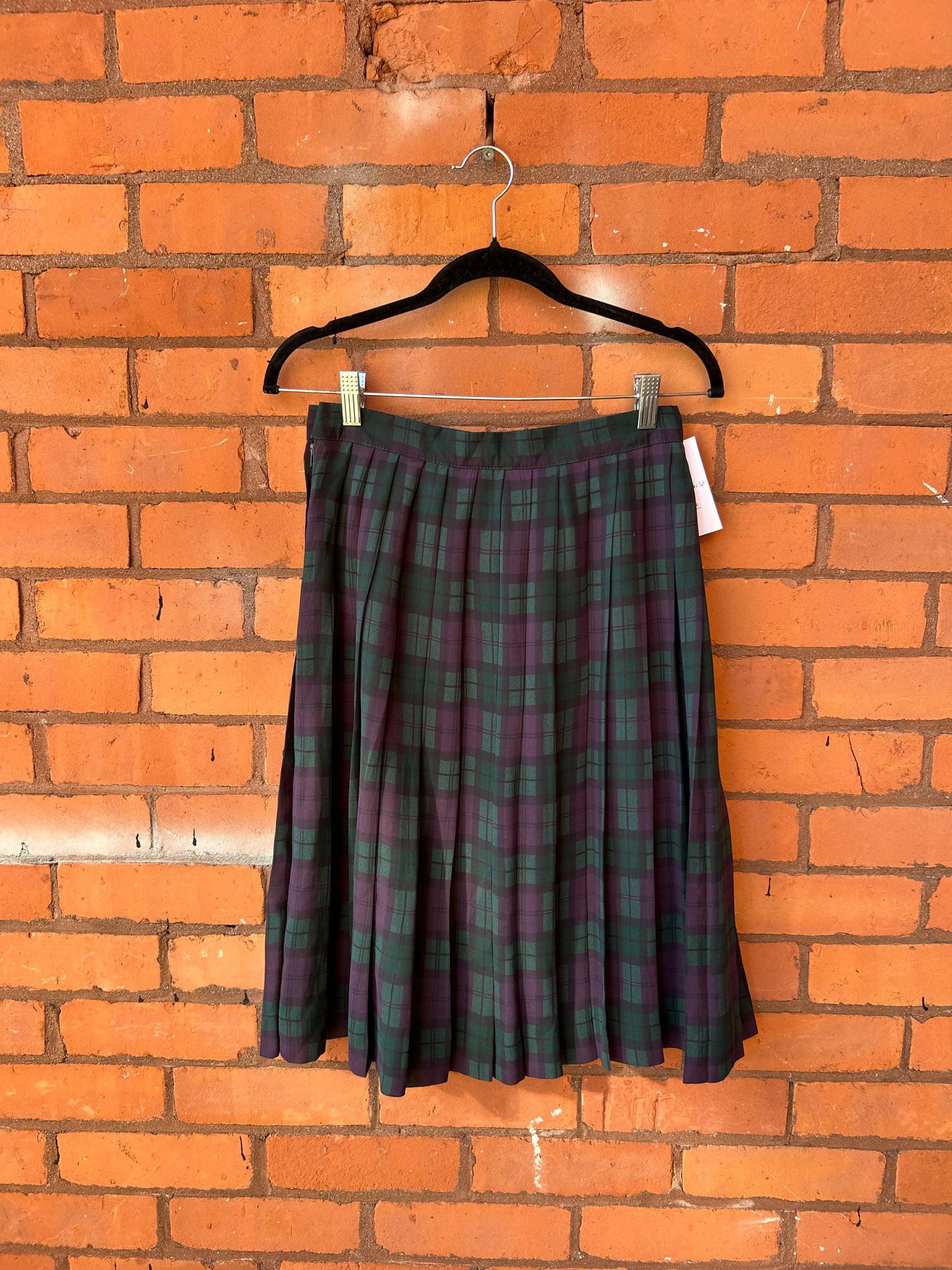 90’s Vintage Purple & Green Plaid Pleated Midi Skirt / 28 Waist