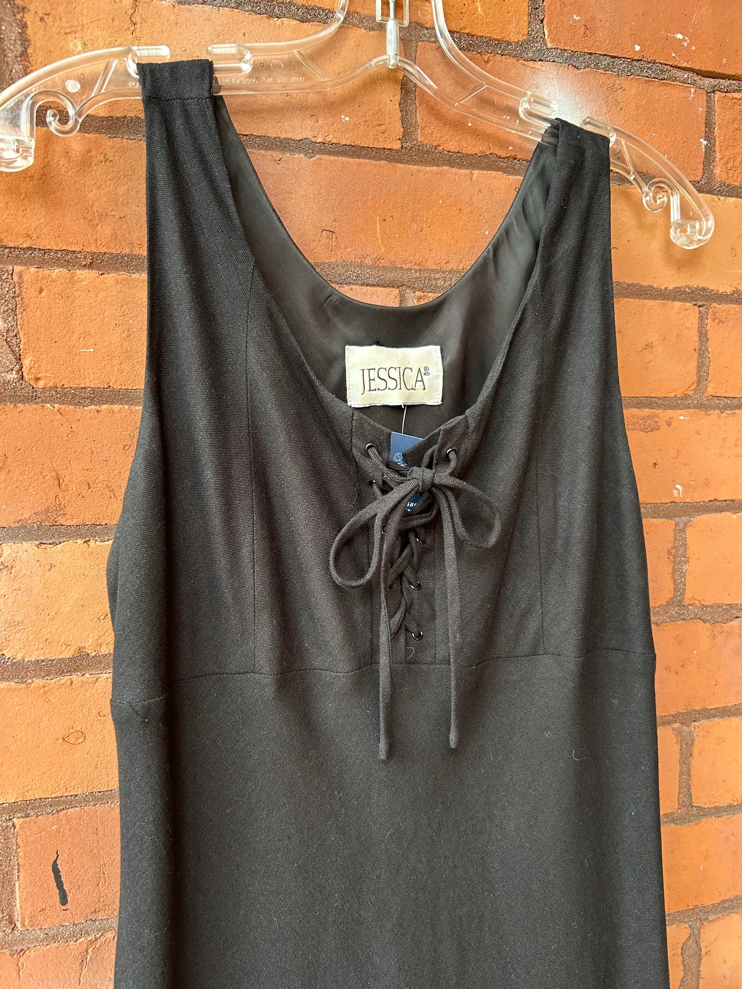 90’s Vintage Black Eyelet Lace up Linen Blend Maxi Dress / Size 14-16