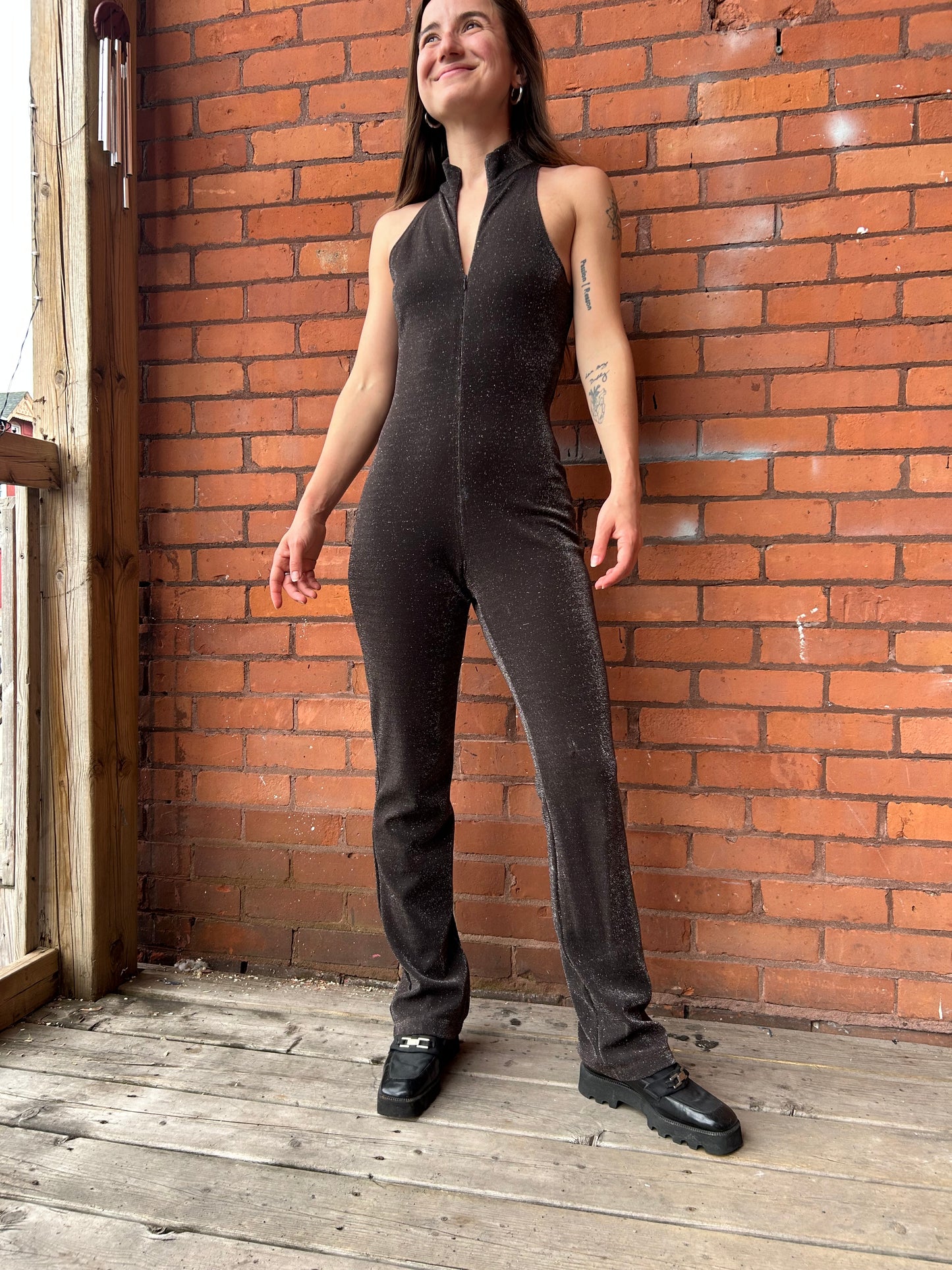 90’s Vintage Brown Sparkly Zip Up Cat Suit / Size S