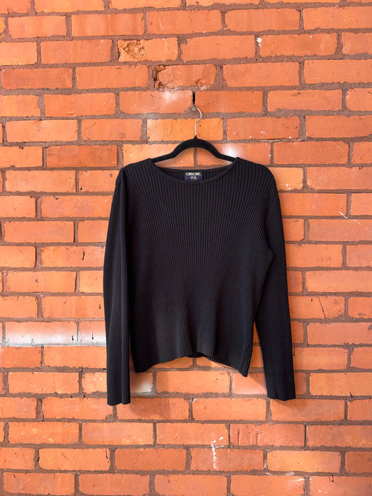 90’s Vintage Ribbed Black Cotton Knit Longsleeve / Size L