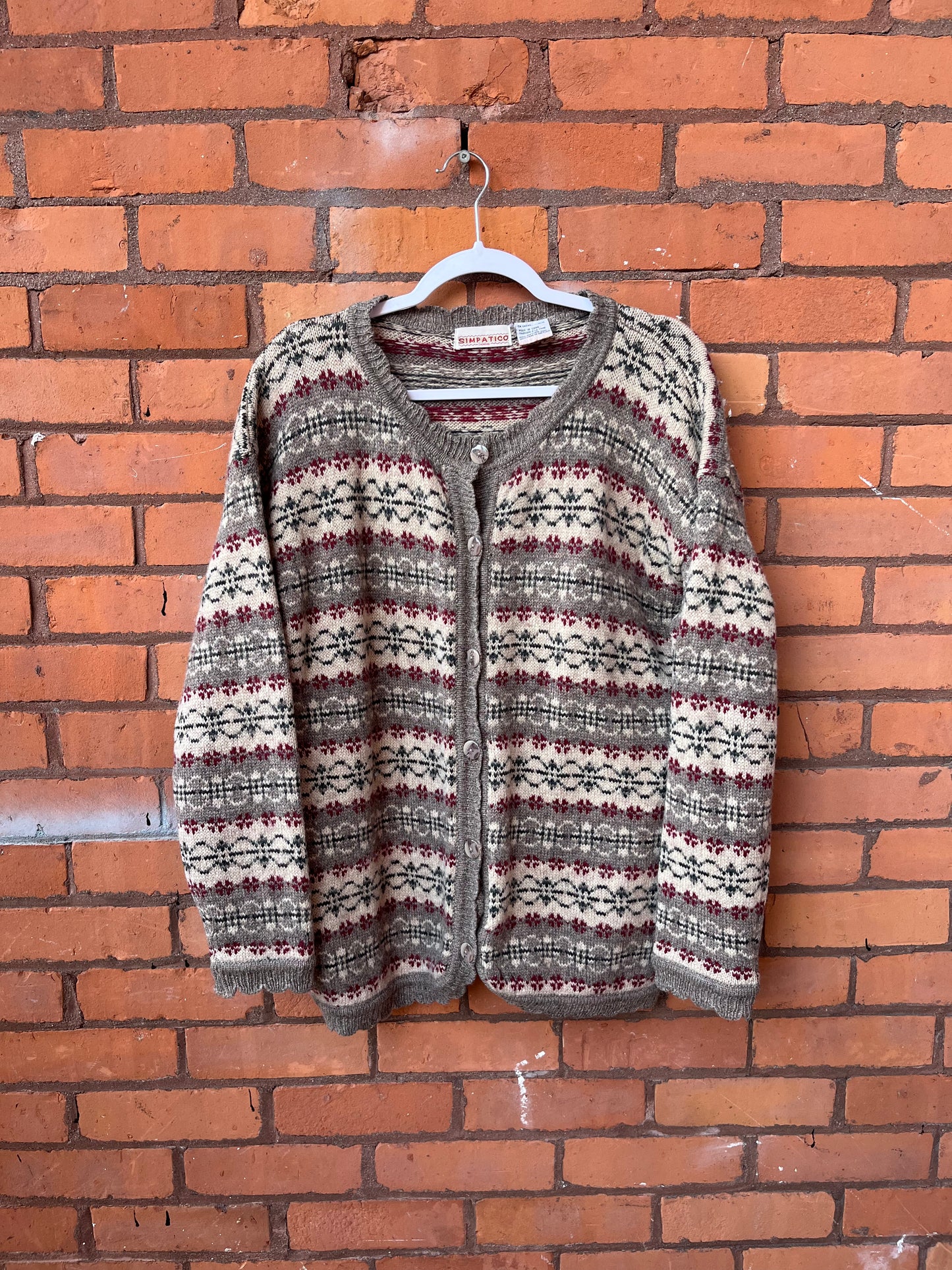 90’s Vintage Red & Green Wool Knit Cardigan / Size L