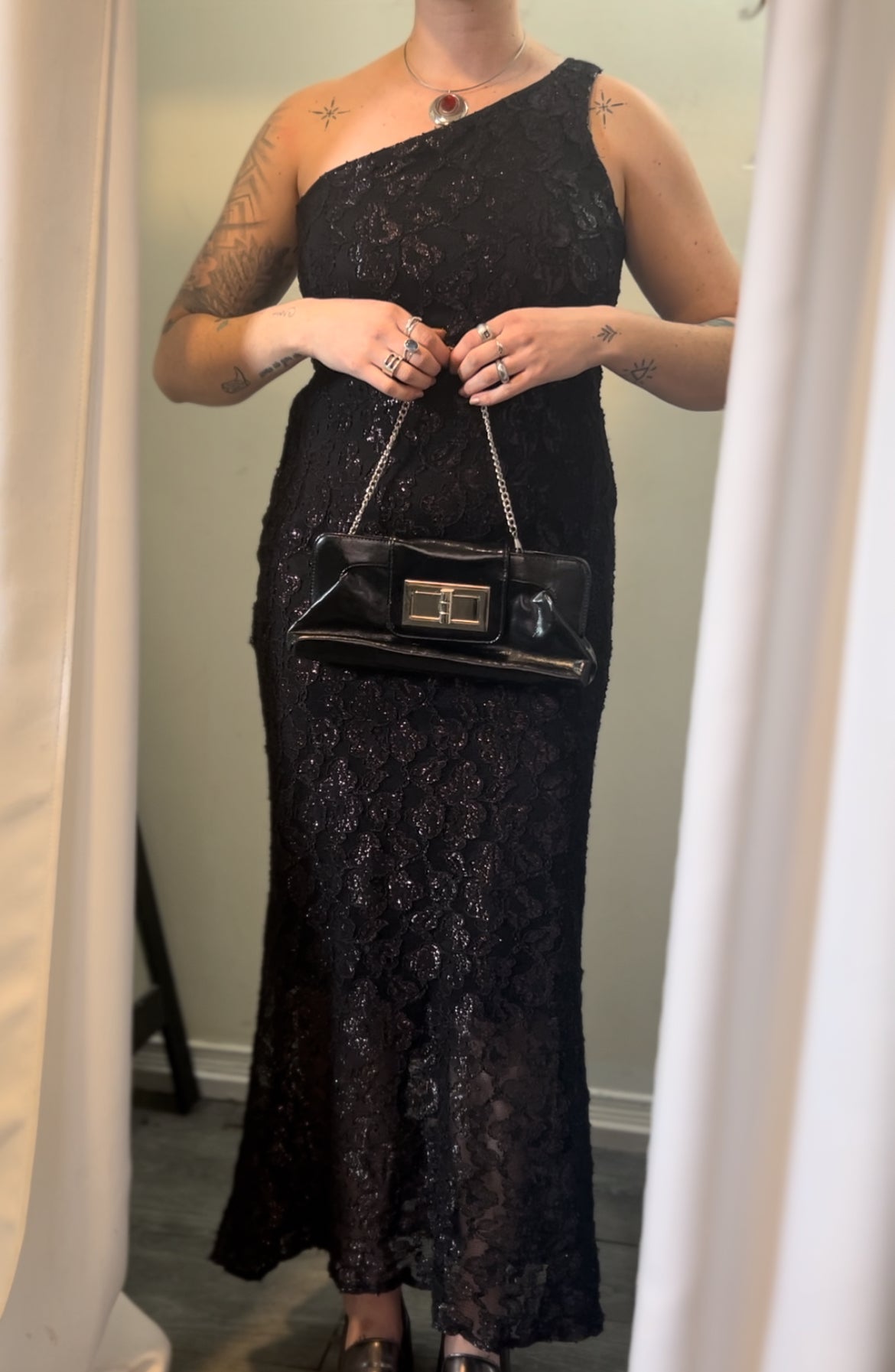 90’s Vintage Black Faux Leather Buckle Chain Purse