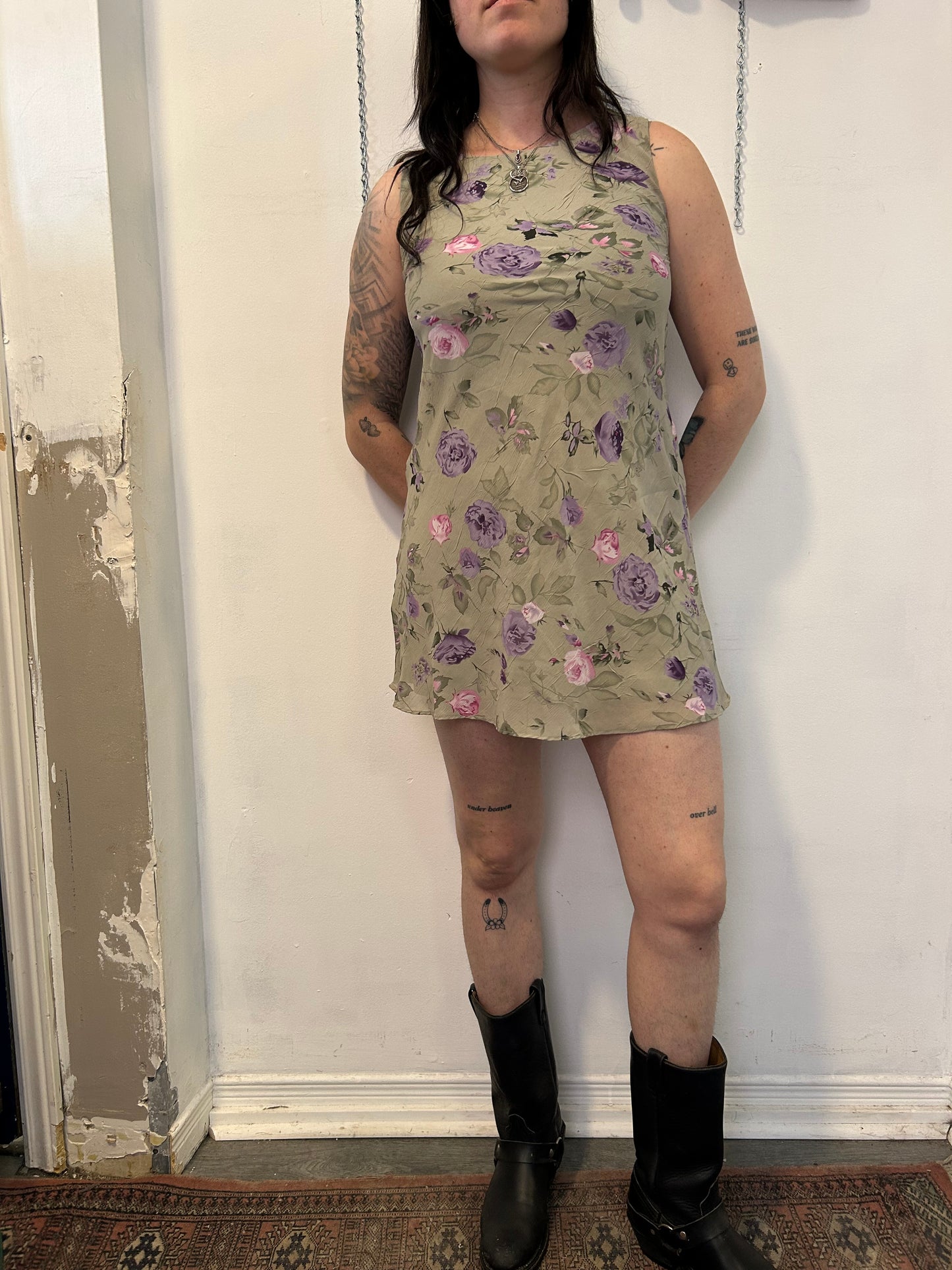 90’s Vintage Green Rose Print High Neck Mini Dress / Size 6-8