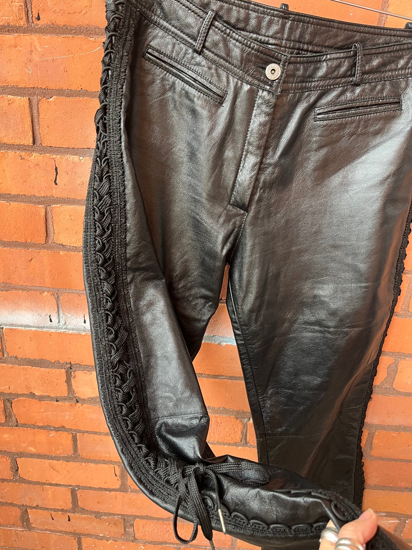 90’s Vintage Black Leather Lace Up Flare Pants / 30 Waist