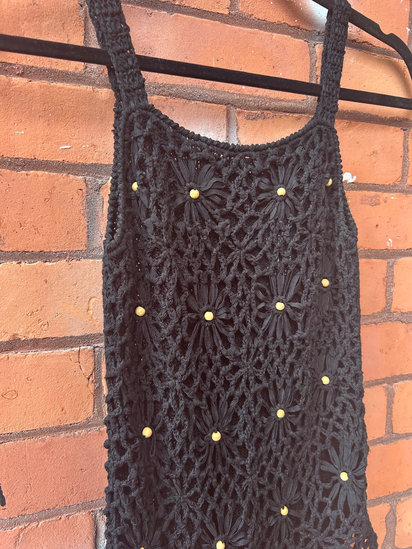 90’s Vintage Black Floral Beaded Crotchet Knit Tank Top / Size XS