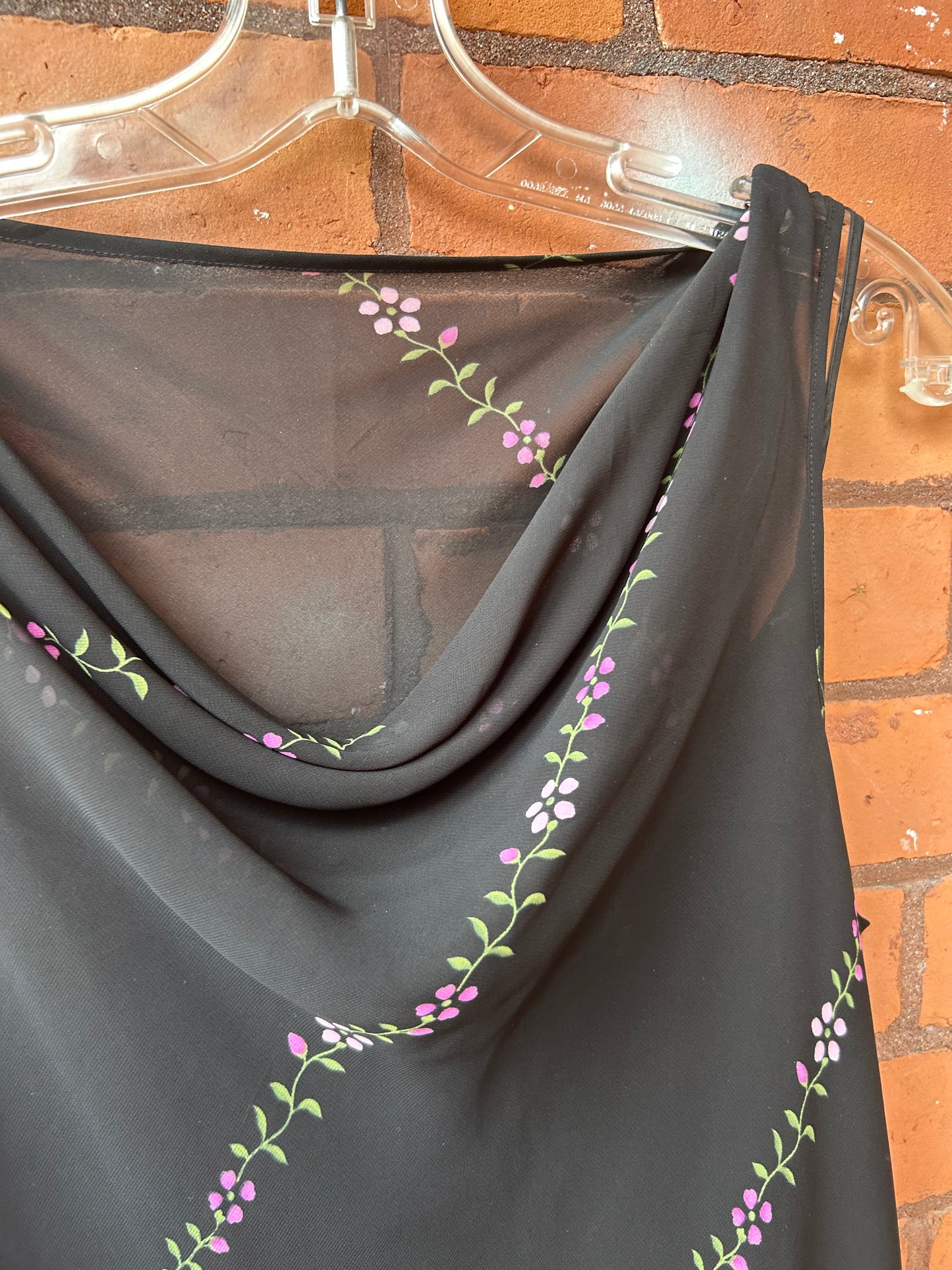 90’s Vintage Black & Pink Floral Overlay Midi Dress / Size 14-16