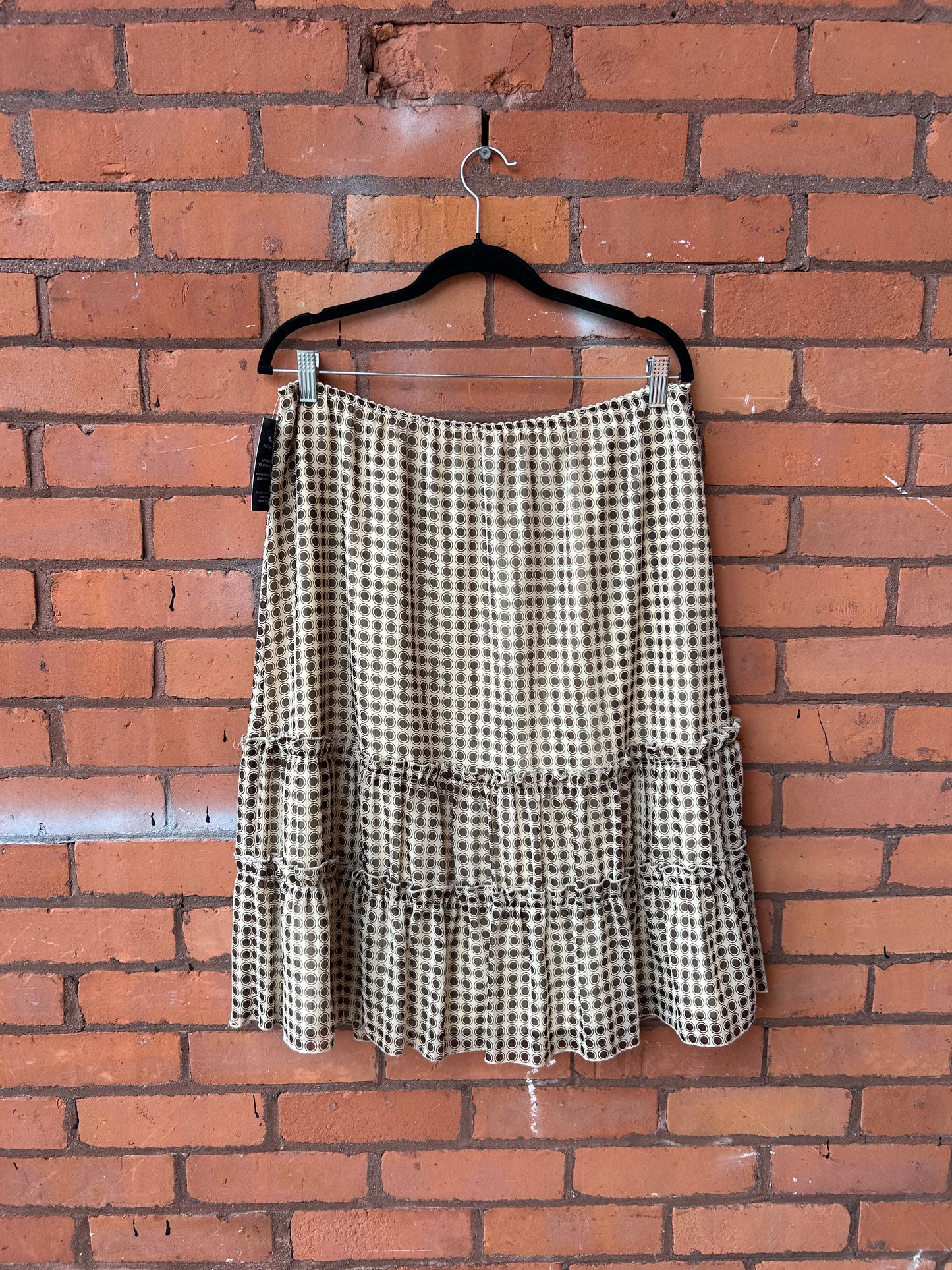 Y2K Vintage Cream & Brown Polka Dot Tiered Ruffle Midi Skirt / 34-38 Waist