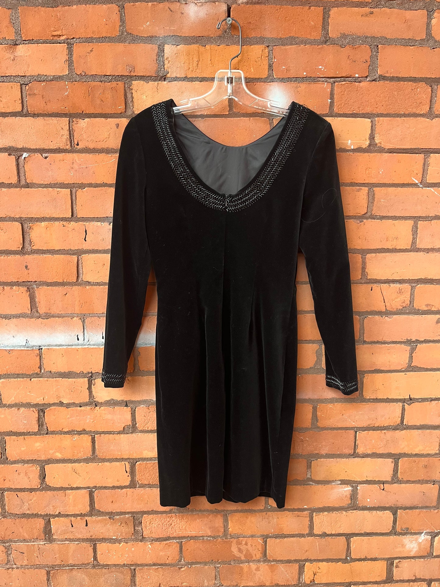 90’s Vintage Laura Ashley Black Velvet Beaded Longsleeve Mini Dress / Size 4
