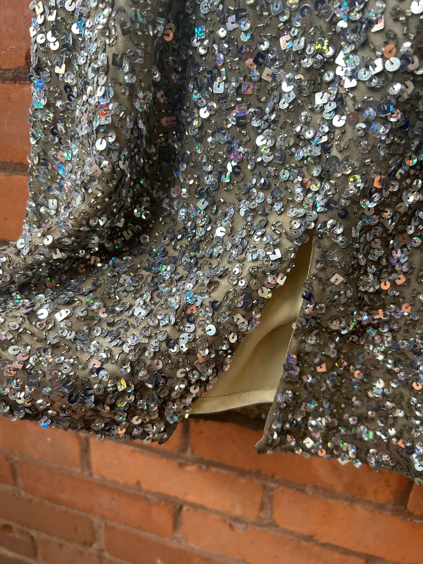 90’s Vintage Champagne Silk Sequin Sweetheart Mini Dress / Size 8-10