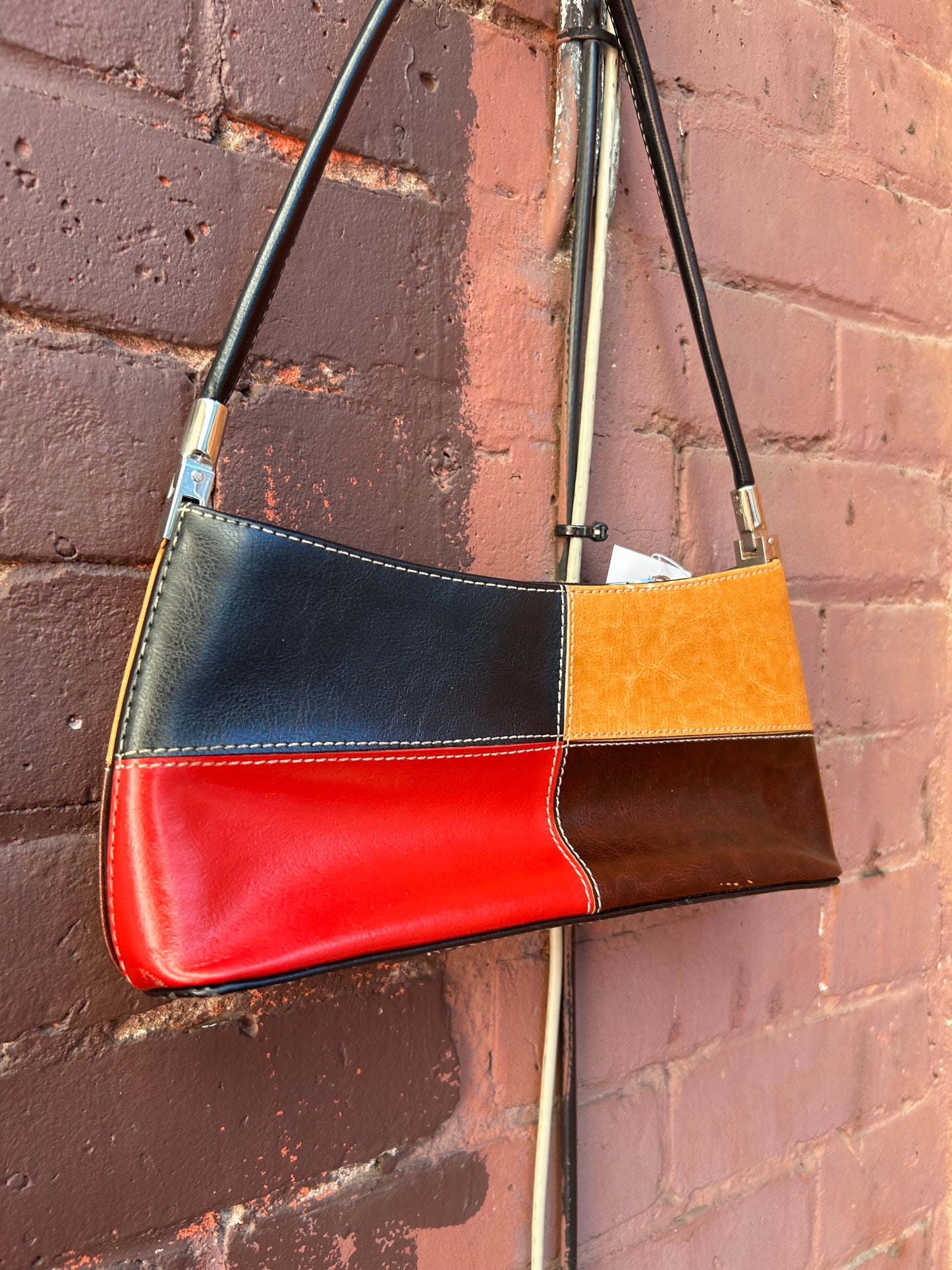 90's Vintage Red Brown & Black Colour Block Shoulder Purse