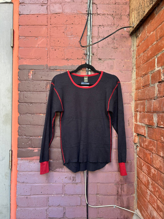 90’s Vintage Roots Black & Red Contrast Stitch Thermal Long Sleeve / Size S-M