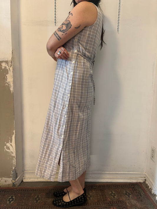 90’s Vintage Beige & White Plaid Cotton Button Side Maxi Dress/ Size M