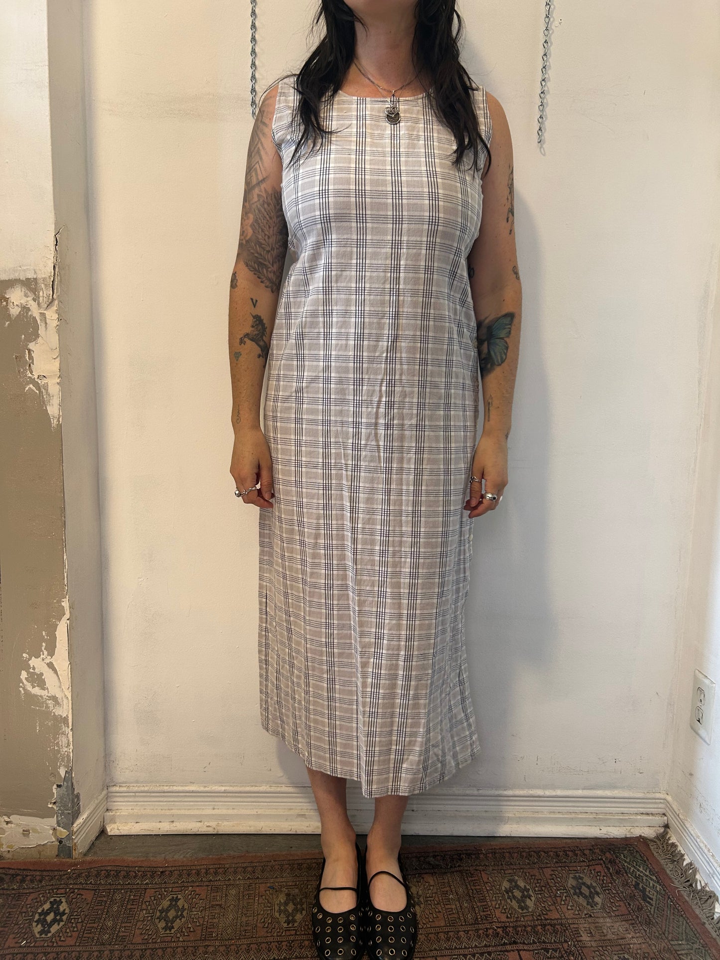 90’s Vintage Beige & White Plaid Cotton Button Side Maxi Dress/ Size M