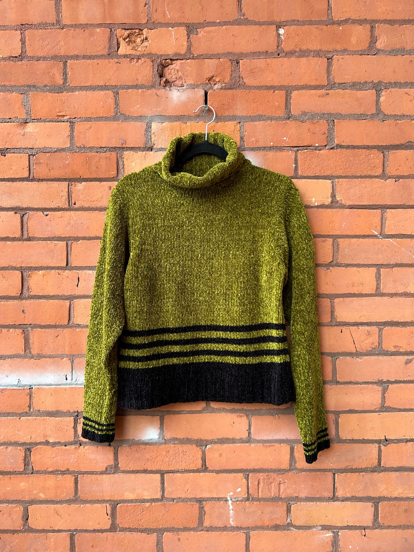 90’s Vintage Green & Black Striped Chenille Turtleneck Sweater / Size M