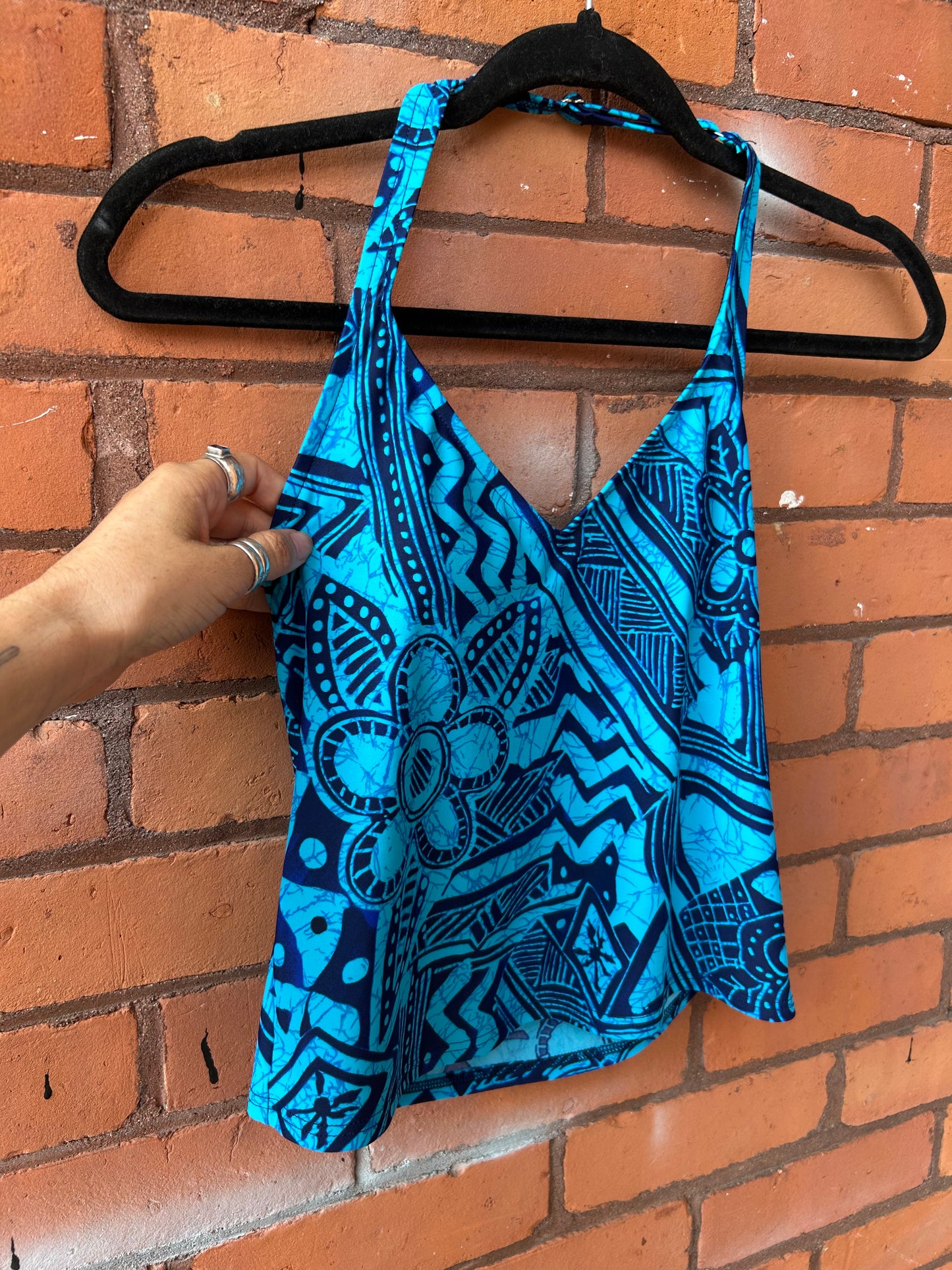 90’s Vintage Blue Floral Halter Swim Tank Top / Size S