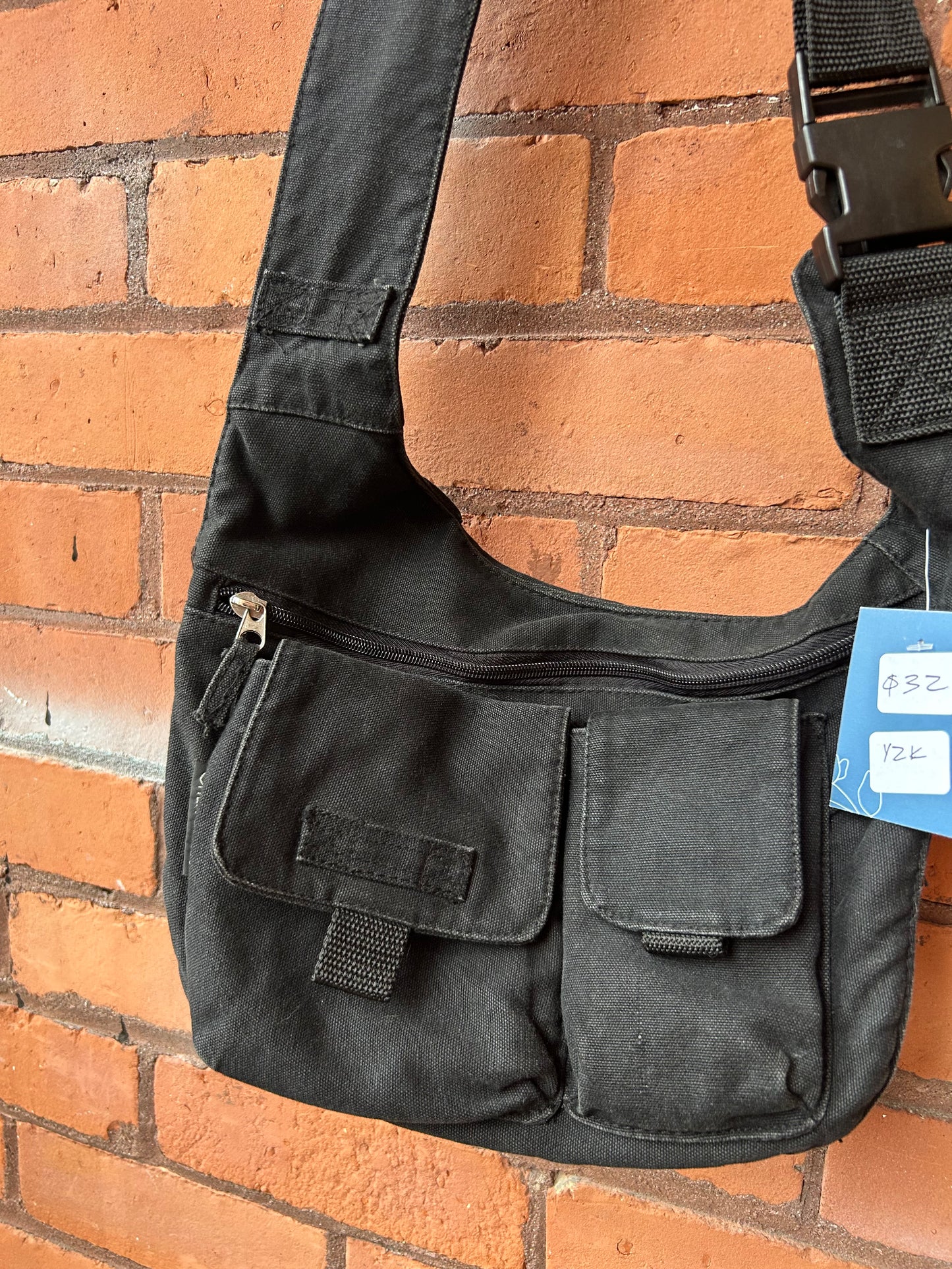 Y2K Vintage Black Canvas Cargo Crossbody Bag