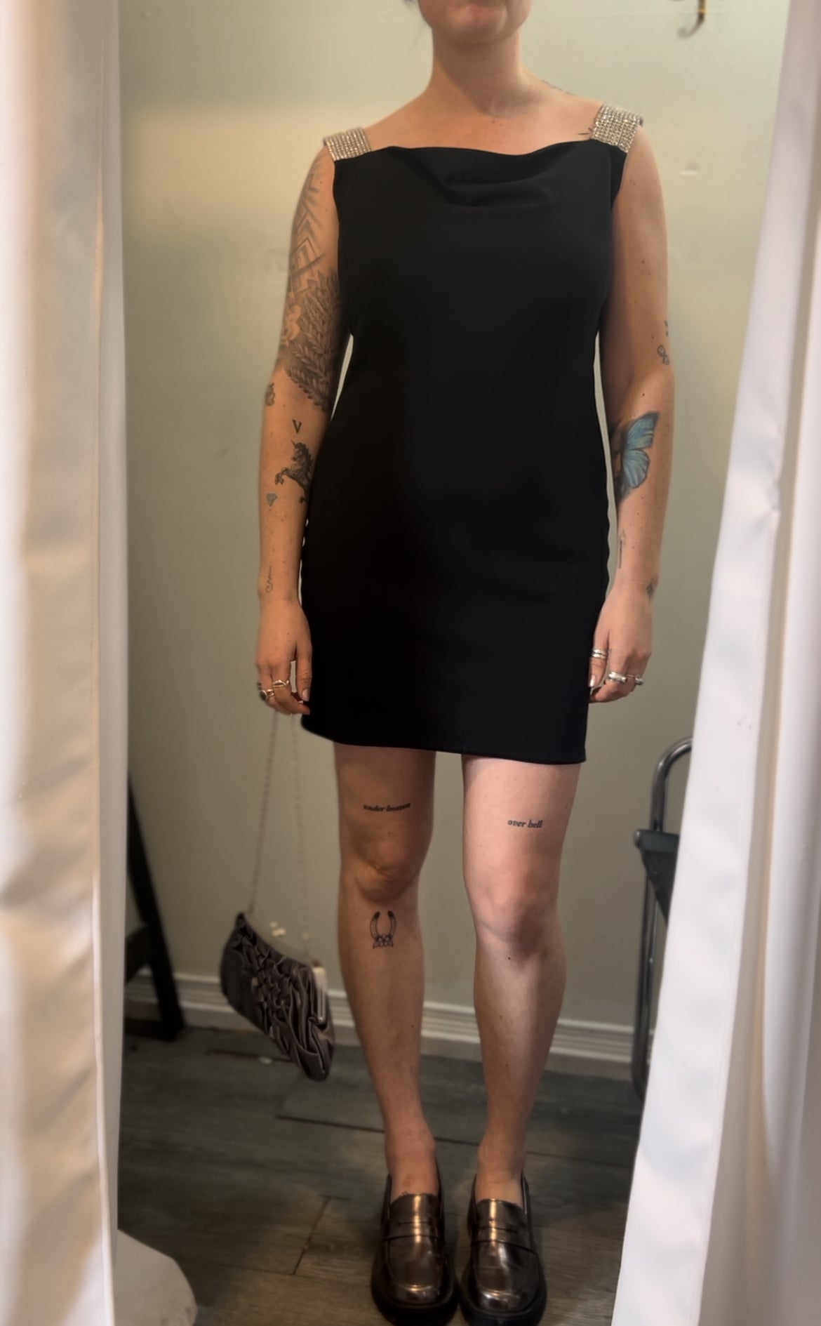 90’s Vintage Holt Renfrew Black Rhinestone Strap Mini Dress / Size 10-12