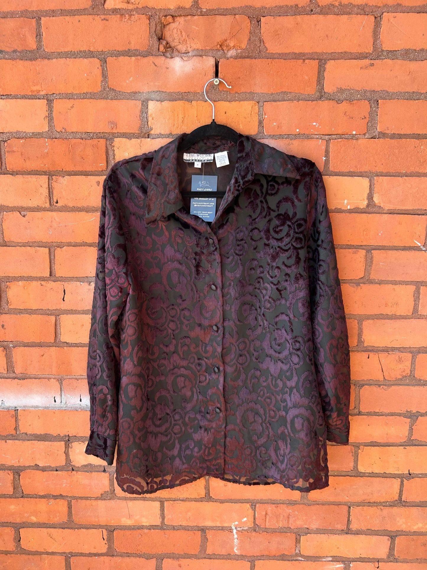 90’s Vintage Burgundy Velvet & Black Mesh Blouse / Size M
