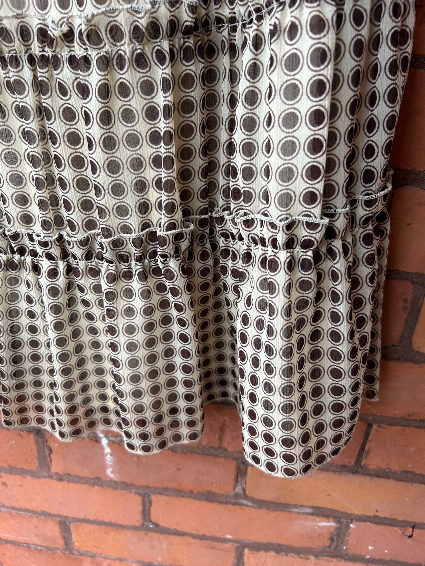 Y2K Vintage Cream & Brown Polka Dot Tiered Ruffle Midi Skirt / 34-38 Waist